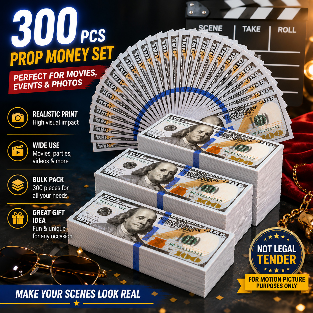 300PCS Play Money Prop Cash Bundle Realistic Fake Bills for Movie Scenes
