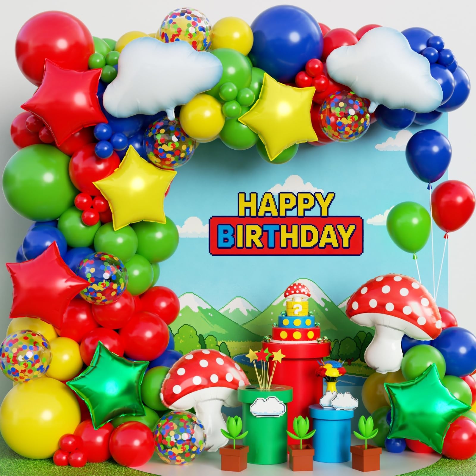 Red Blue Green Yellow Balloon Arch Garland Kit 172pcs with Cloud Star Balloon…