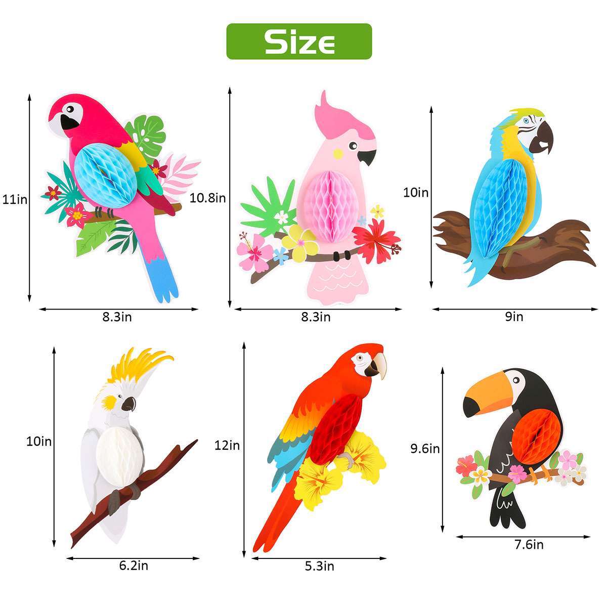 6x Tropical Birds Hanging Parrot Paper Honeycomb Hawaiian Party Bar Wall Decor