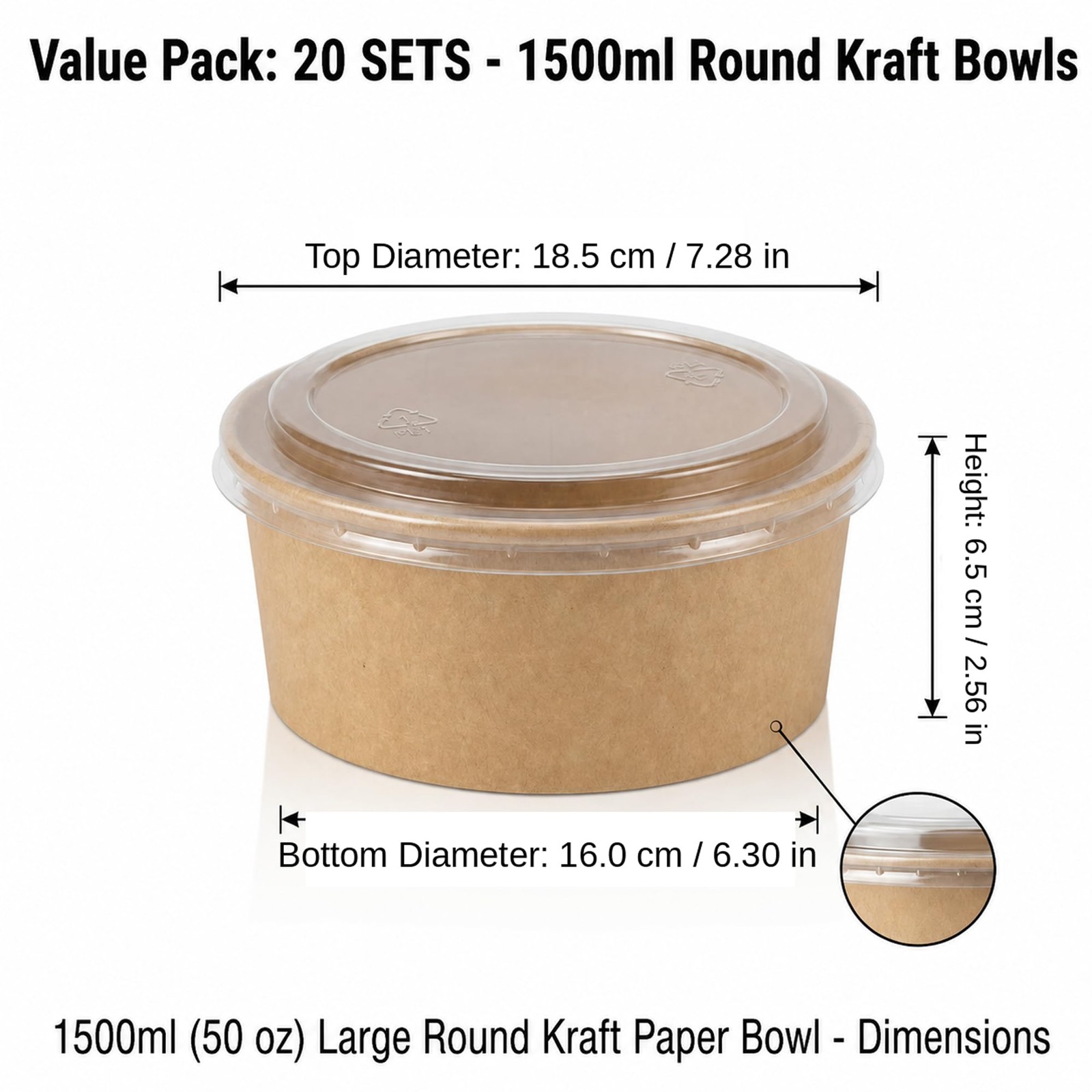 50 oz Kraft Disposable Food Containers with Lids (20 Pack), Round Natural Bro…