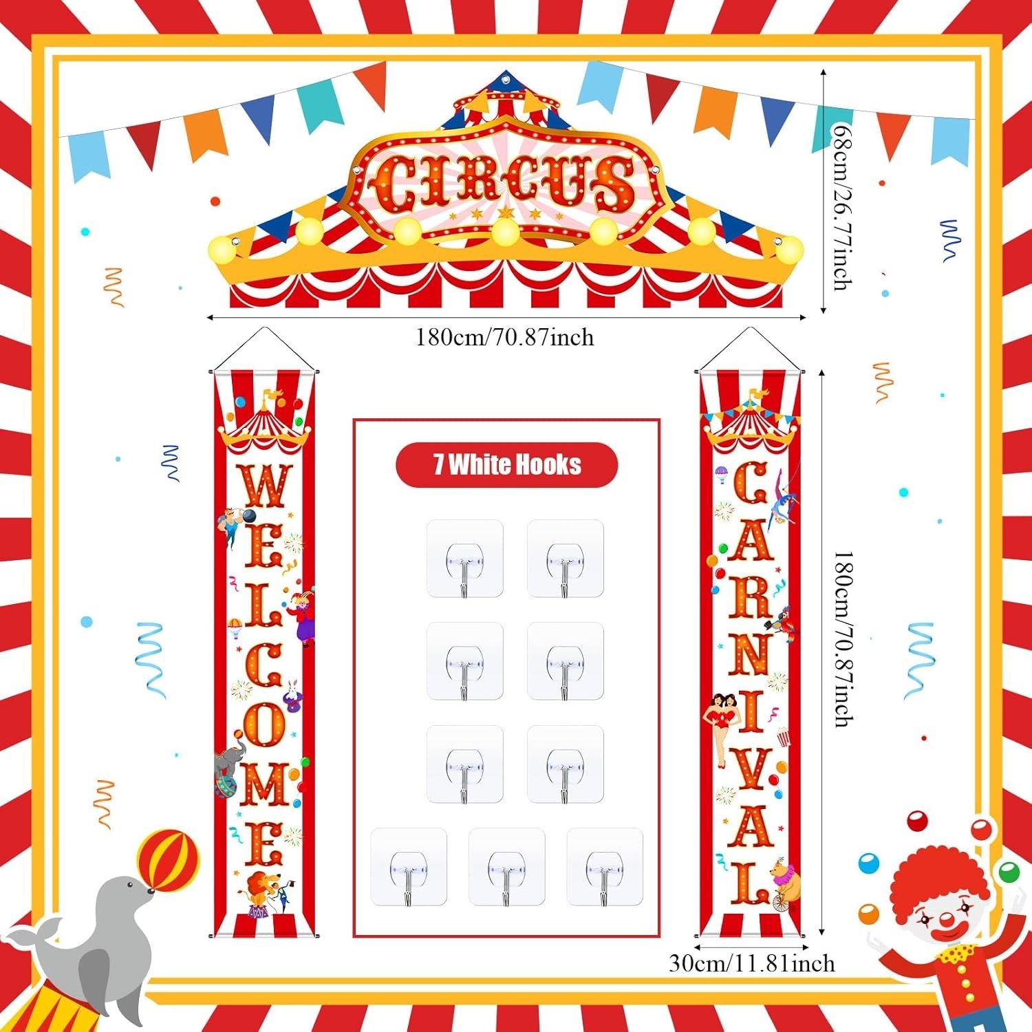 3 Pcs Carnival Circus Porch Banner Awning Door Welcome Birthday Party Decor Sets