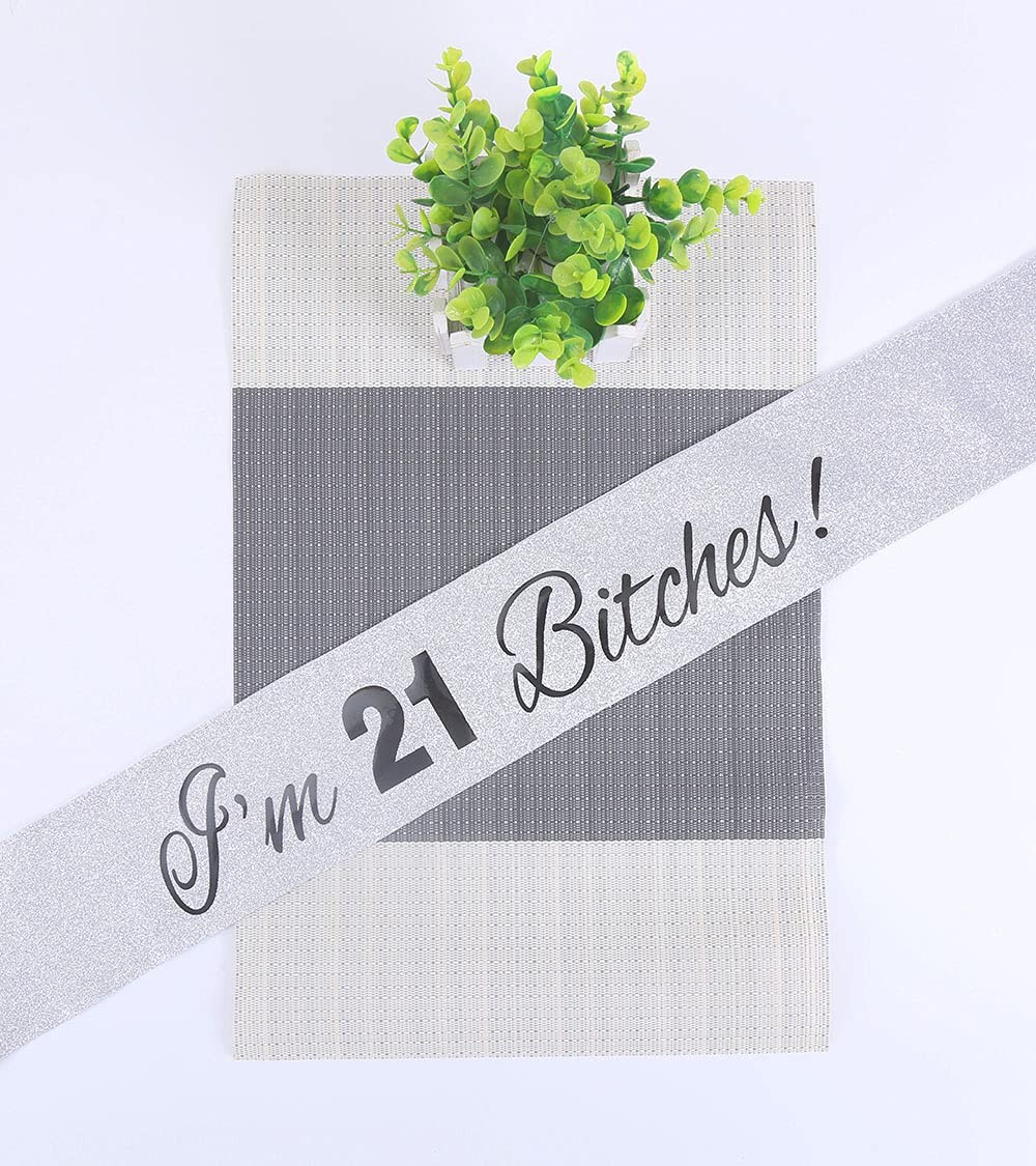 21st Birthday Tiara and Sash Set – ‘I’m 21 Bitches’ Silver Sash Crystal Crown…