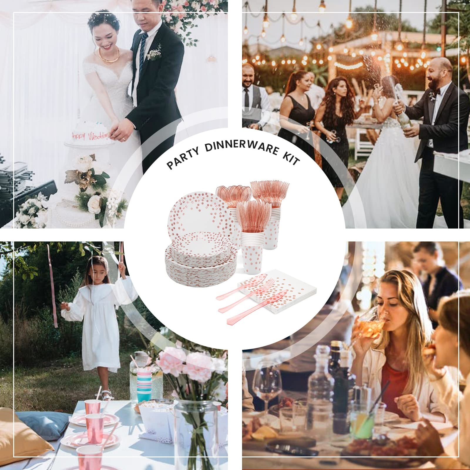 AIRE 350PCS White and Rose Gold Paper Plates Party Supplies for 50 Guests Par…