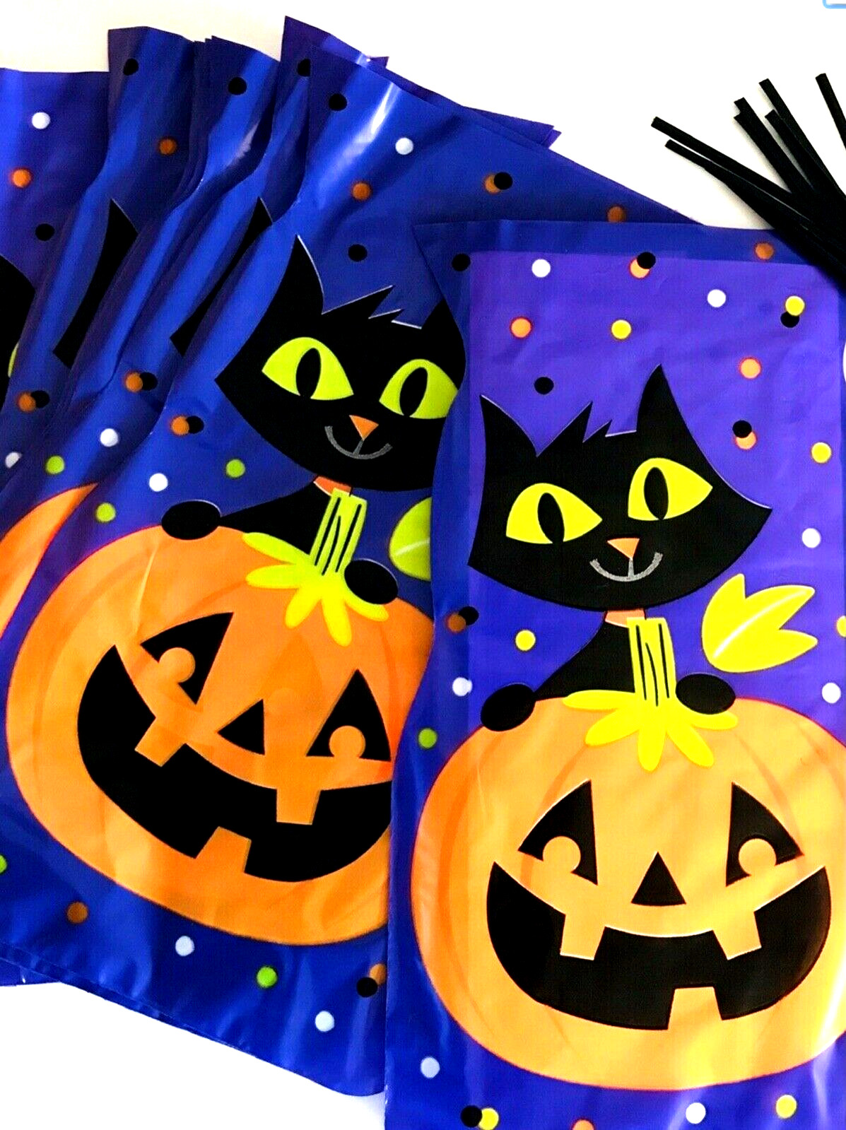 10 x HALLOWEEN Pumpkin and Cat CELLOPHANE Sweet Gift LOOT Bags TRICK OR TREAT