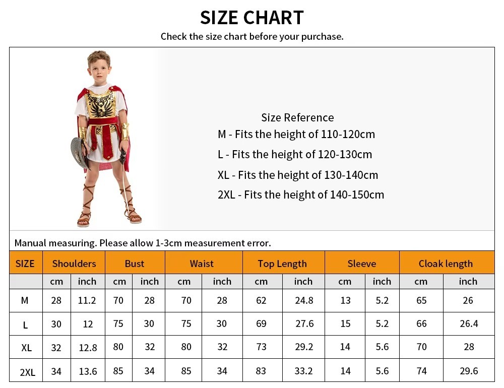 Kids Roman Soldier Costume Ancient Warrior Outfit Halloween Gladiator Set