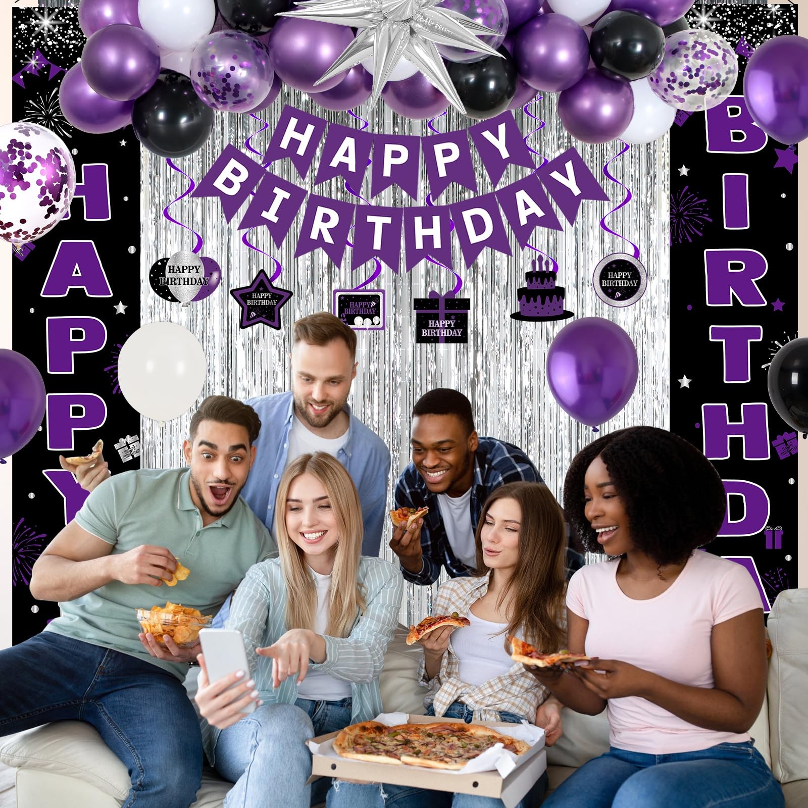 Black and Purple Birthday Decorations for Women Girls, Happy Birthday Decoration