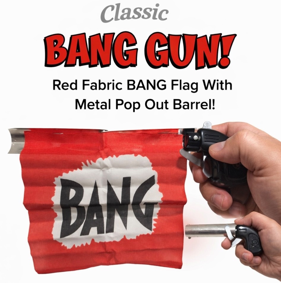 1 BANG GUN RED FLAG Clown Comedy Gag Toy Joke Stage Prop Joker Fake Metal Pistol