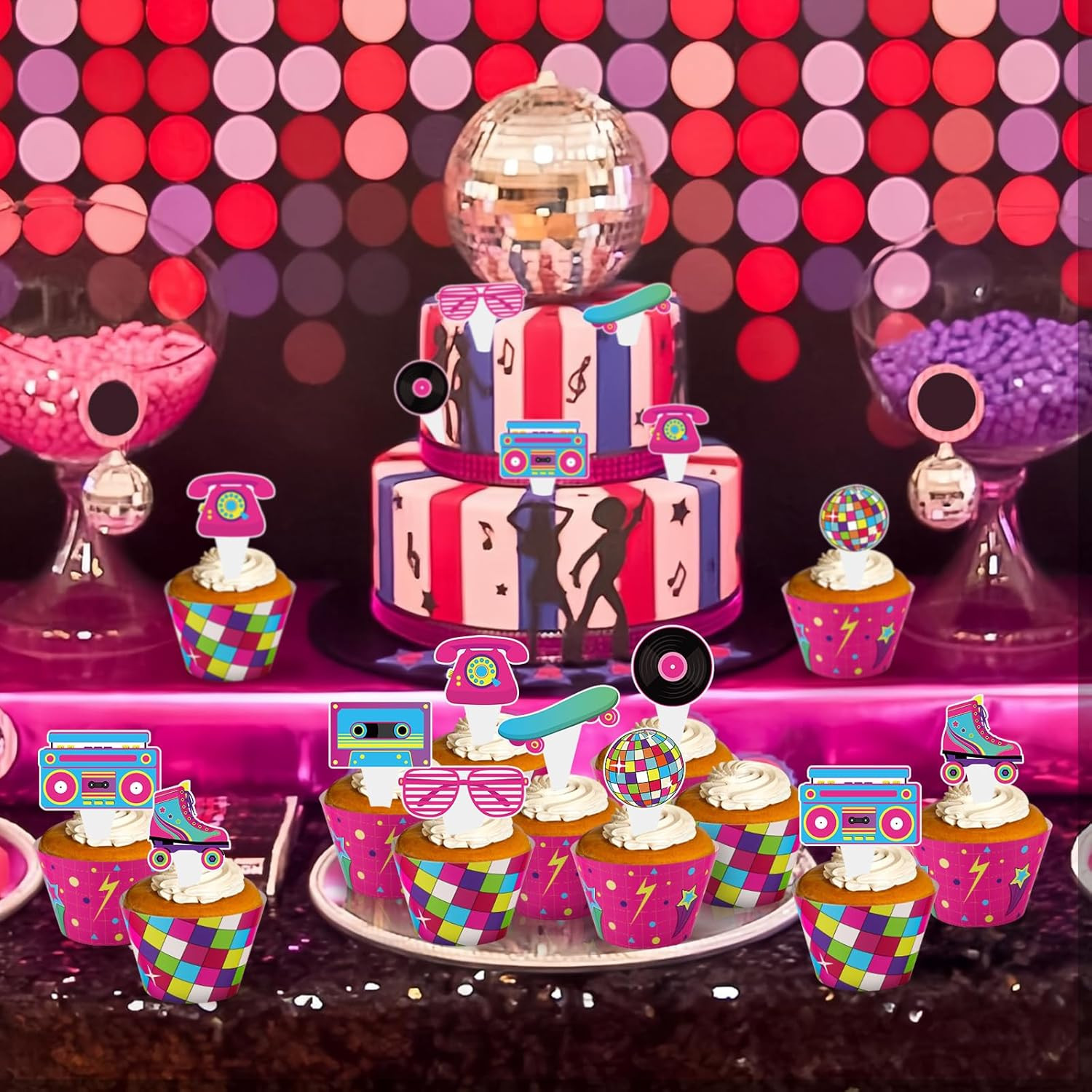 48 Pack Retro Cupcake Toppers and Wrappers, Retro Neon Party Cake Decoration for