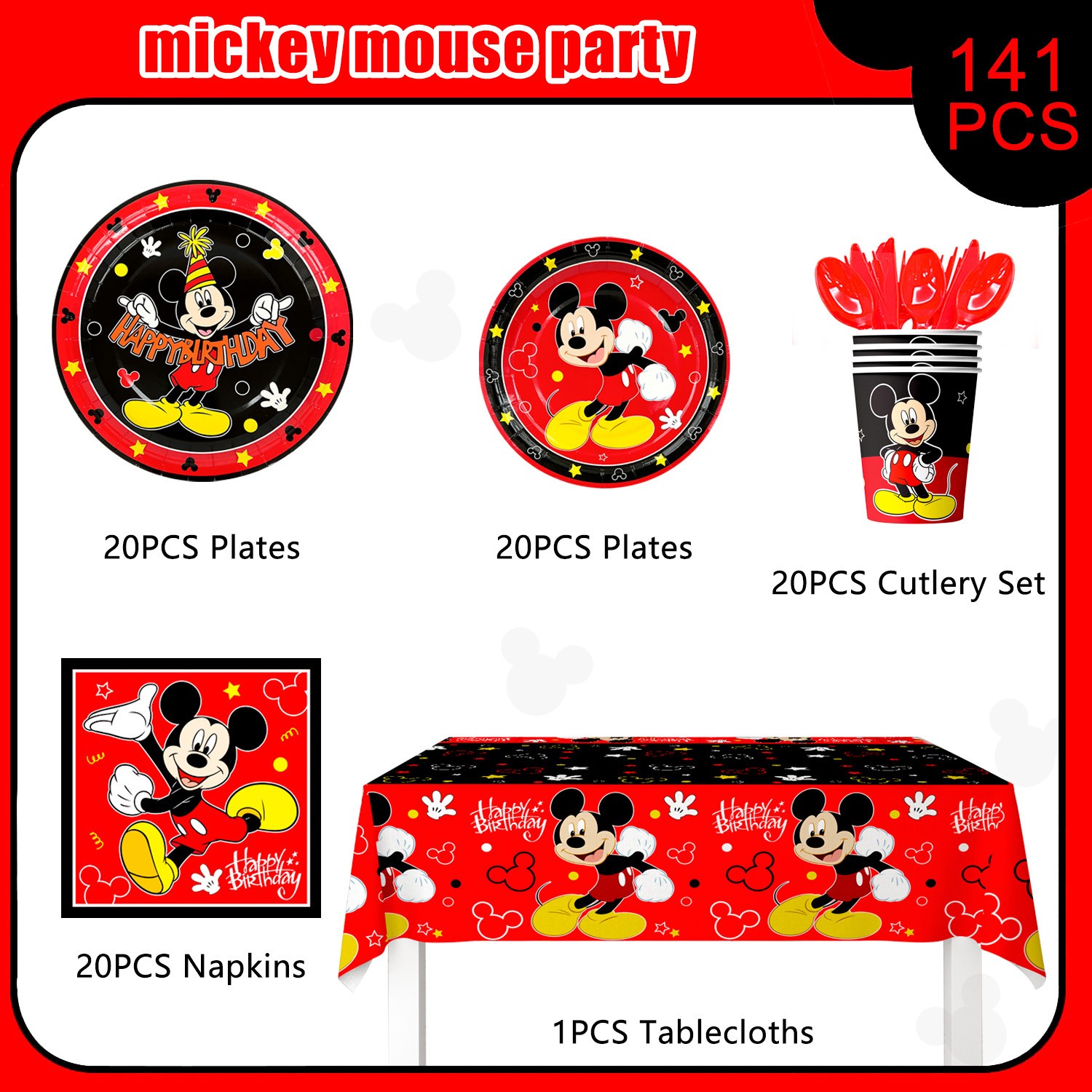 141Pcs Mickey Mouse Party Decoration Disney Party Supplies Tableware Plates Cups