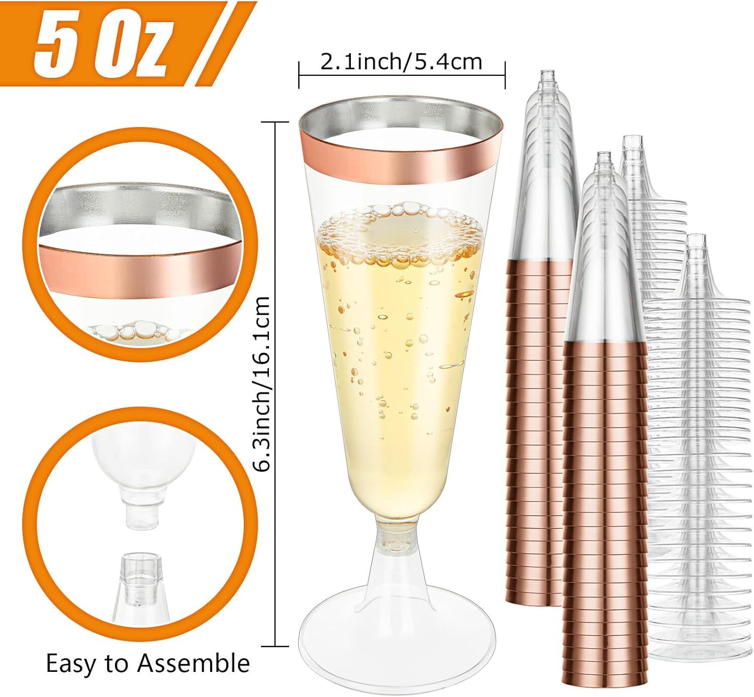 100 Pack Plastic Champagne Flutes, 5Oz Disposable Champagne Glasses Rose Gold Ri