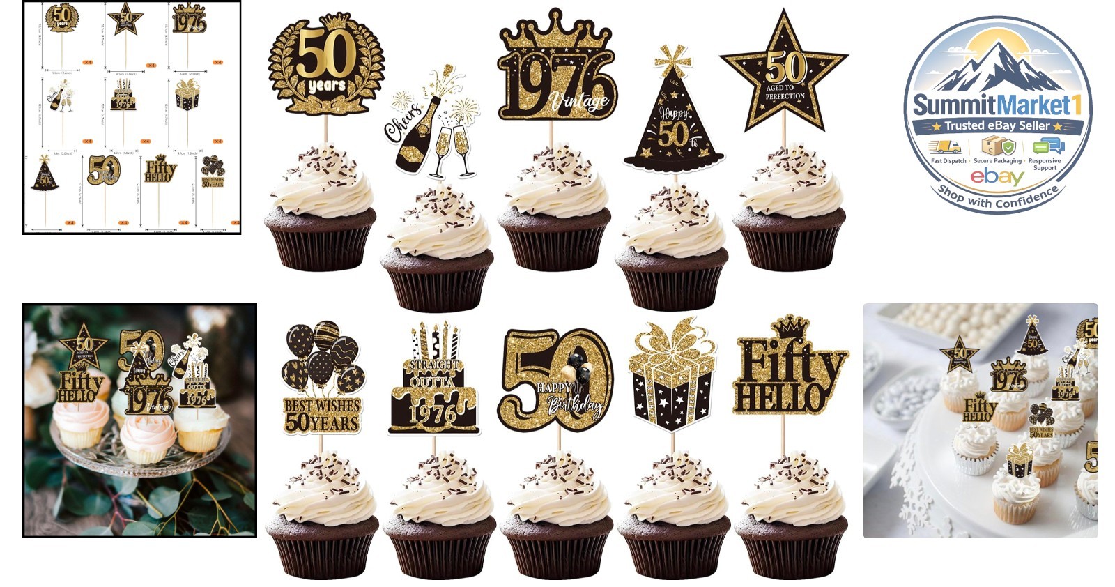 50th Birthday Cupcake Toppers 40 Pack Black Gold Decorations