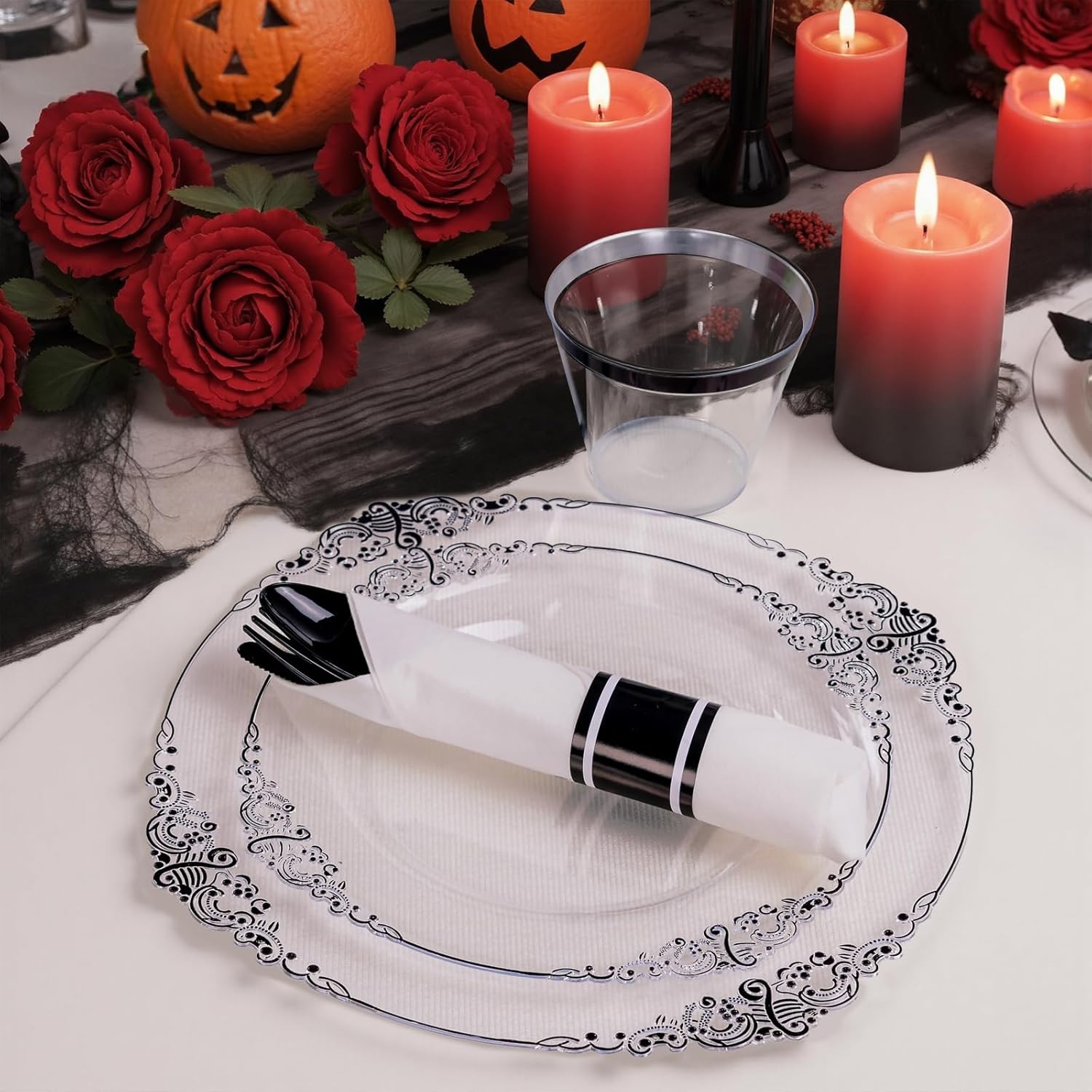 175pcs Clear and Black Plates – Black Party Plates for 25 Guest