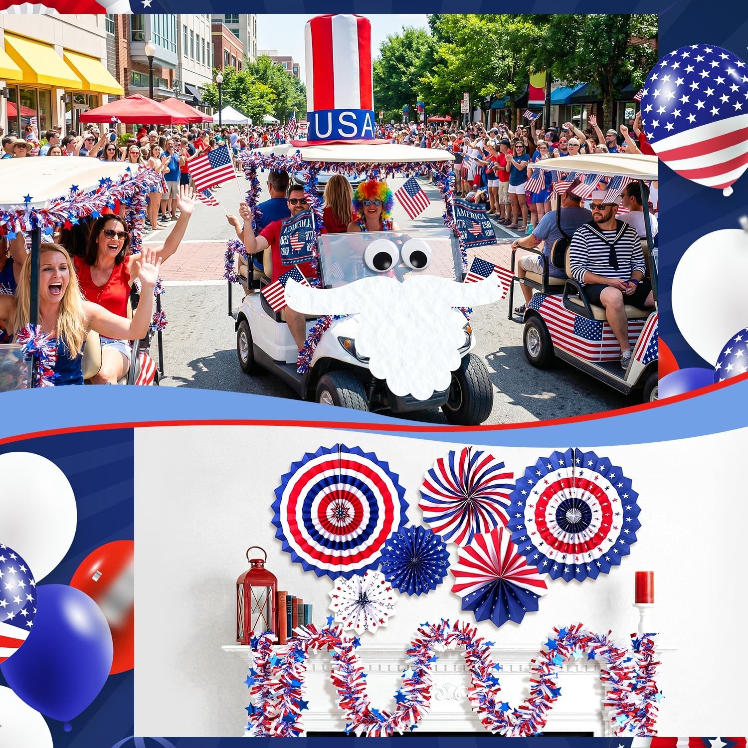 Patriotic 4th of July Golf Cart Decoration Kit – Giant Hat, Beard, Tinsel & Flag
