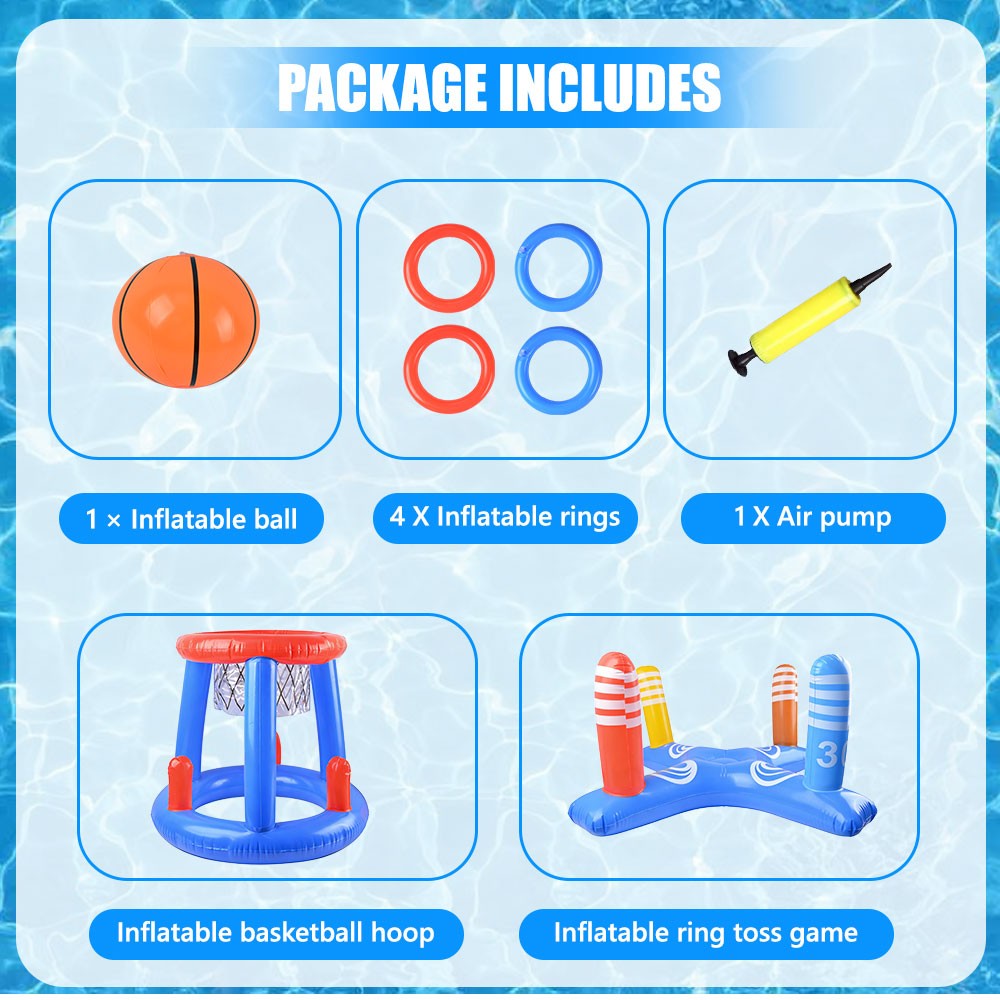 2-in-1 Pool Toys Games Teens Adult Inflatable Basketball Hoop Ring Toss Game Set