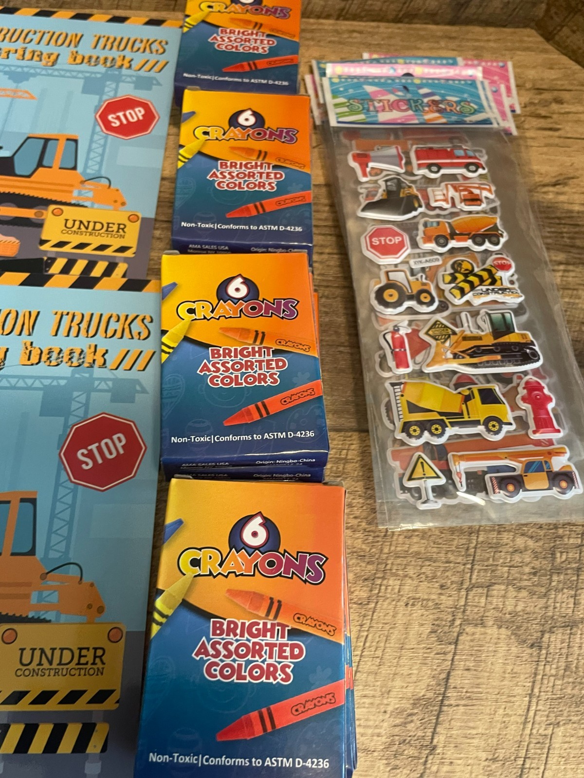 12 PK Party Favors Kids Coloring Books Stickers & Crayons Construction Vehicles