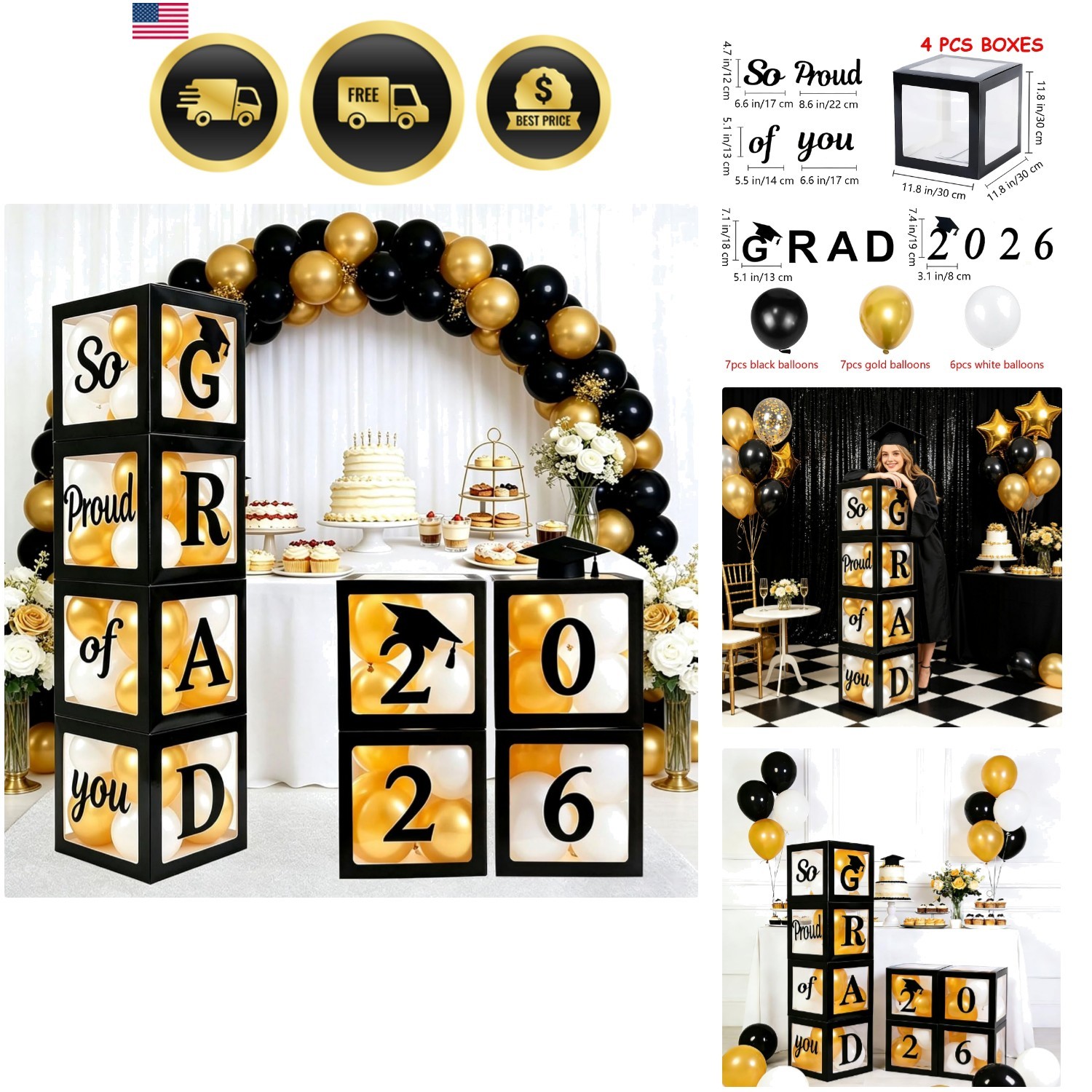 Graduation Decorations Set of 4 Boxes Balloons Letters for Class of 2026 Cele…