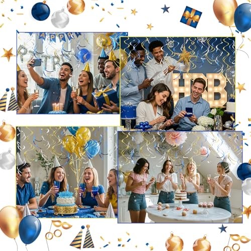 36Pcs Hanging Swirl Party Decorations Foil Decorations Ceiling Blue Gold Silver