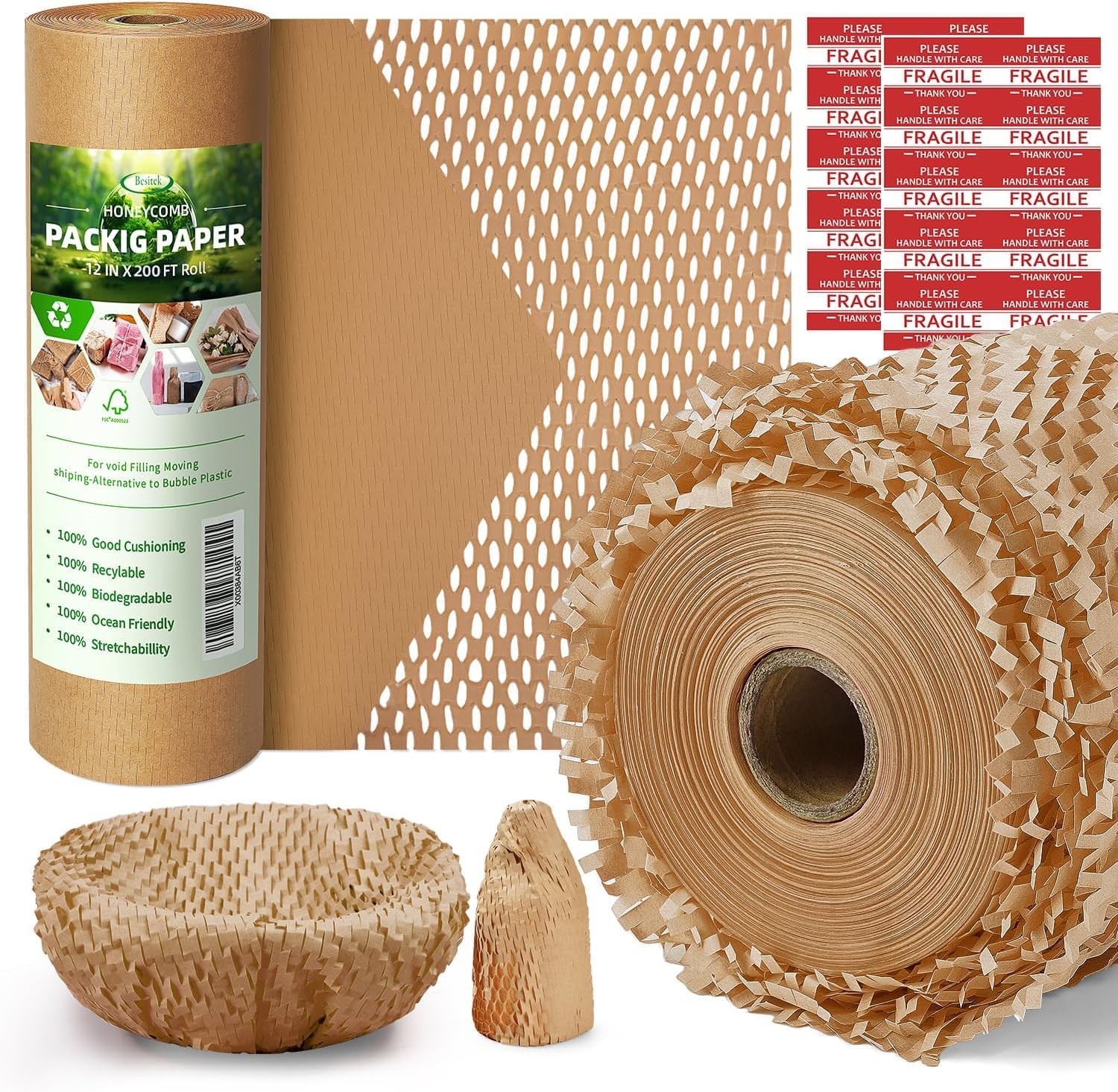 Honeycomb Packing Paper,12″ W x 200′ L Bubble 12 Inch x 200 Feet, Brown