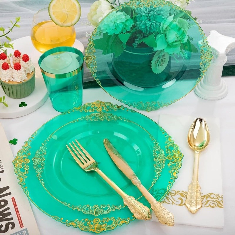 Premium Disposable Plastic Plates Set 25 Guests W/ Gold Cutlery & Napkins New