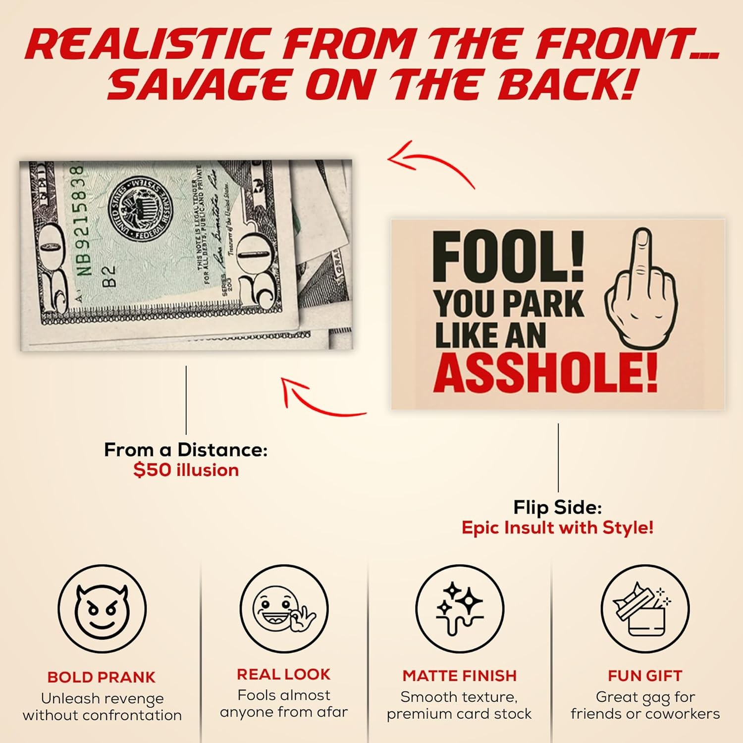 Prank Card for Bad Parking You Park Like an A*shole Realistic $50 Bill Gag Gift