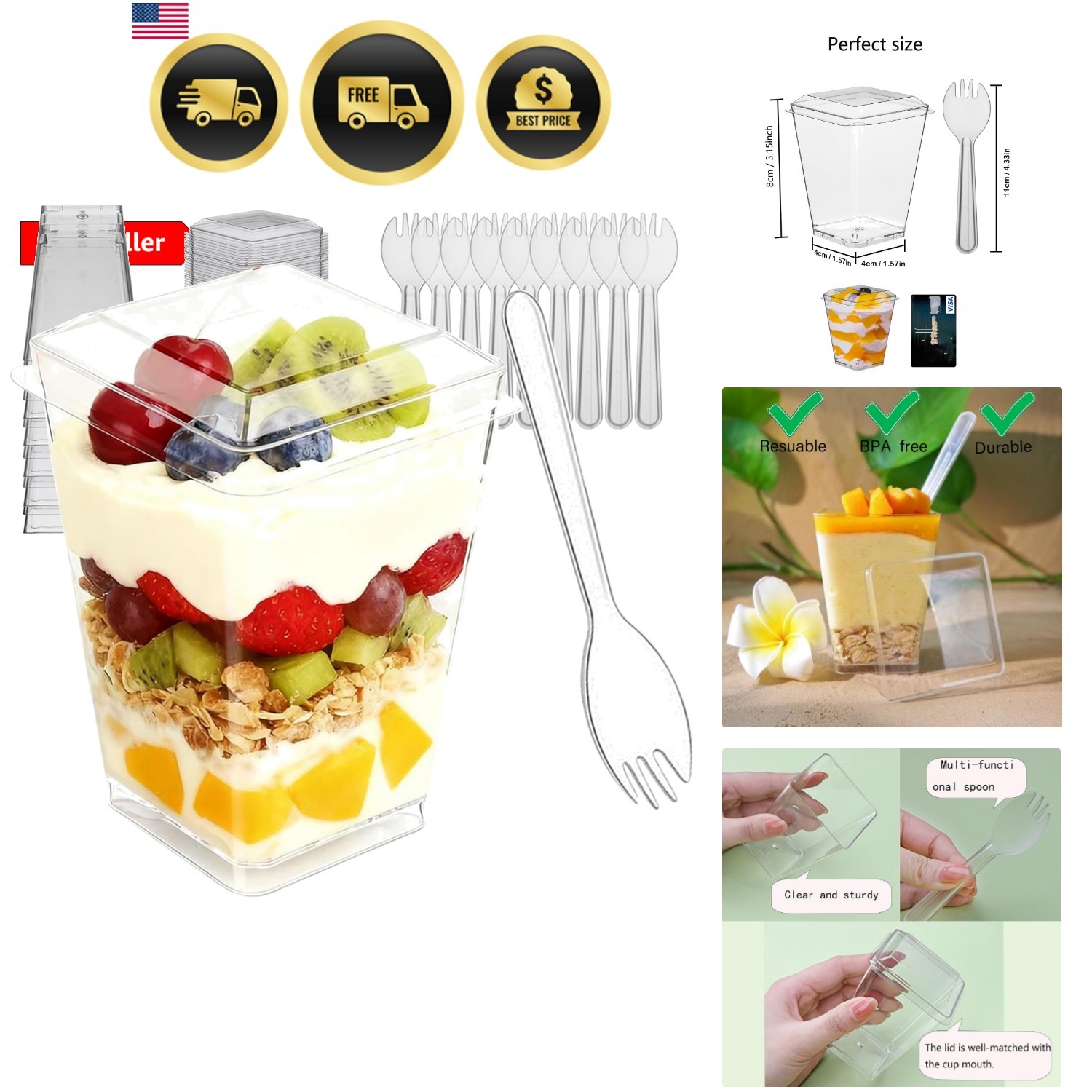 300 Pack 100 Set Clear Dessert Cups with Lids and Spoons, 5.4oz Mini Dessert …