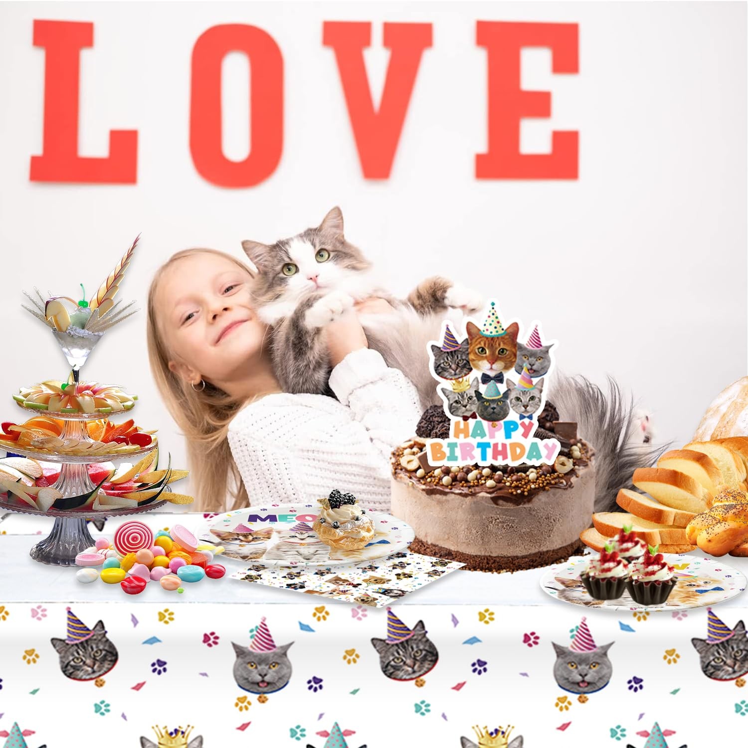 66 PCS Cat Birthday Party Decoration Plates Napkins Tablecloth Set 20 White