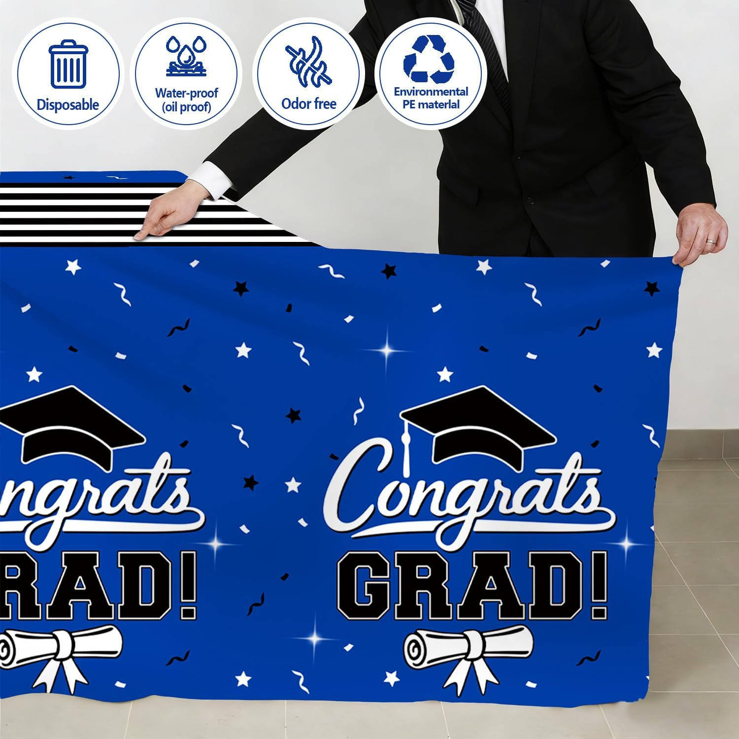 7-Pack Graduation Party Decorations Set, 3 Blue Graduation Tablecloths 54X108In,