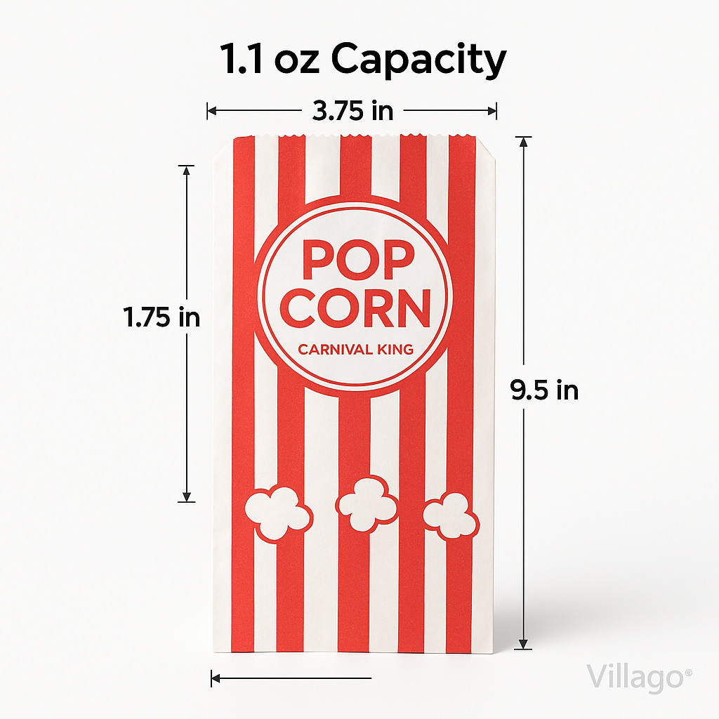1.1 oz Popcorn Bags Red & White Striped Leak Proof Popcorn3 3/4″ x1 3/4″ x9 1/2″