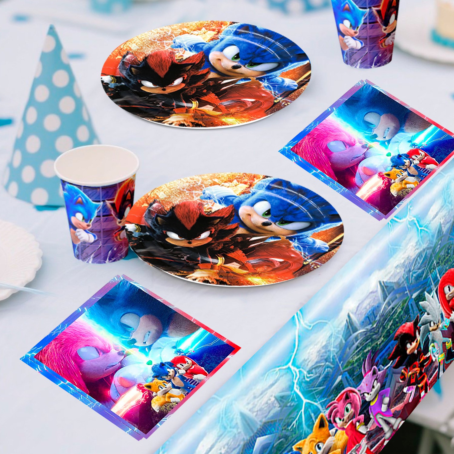 Sonic Party Supplies Tableware 118Pcs Sonic Tablecloth Banner Plates Napkins Cup