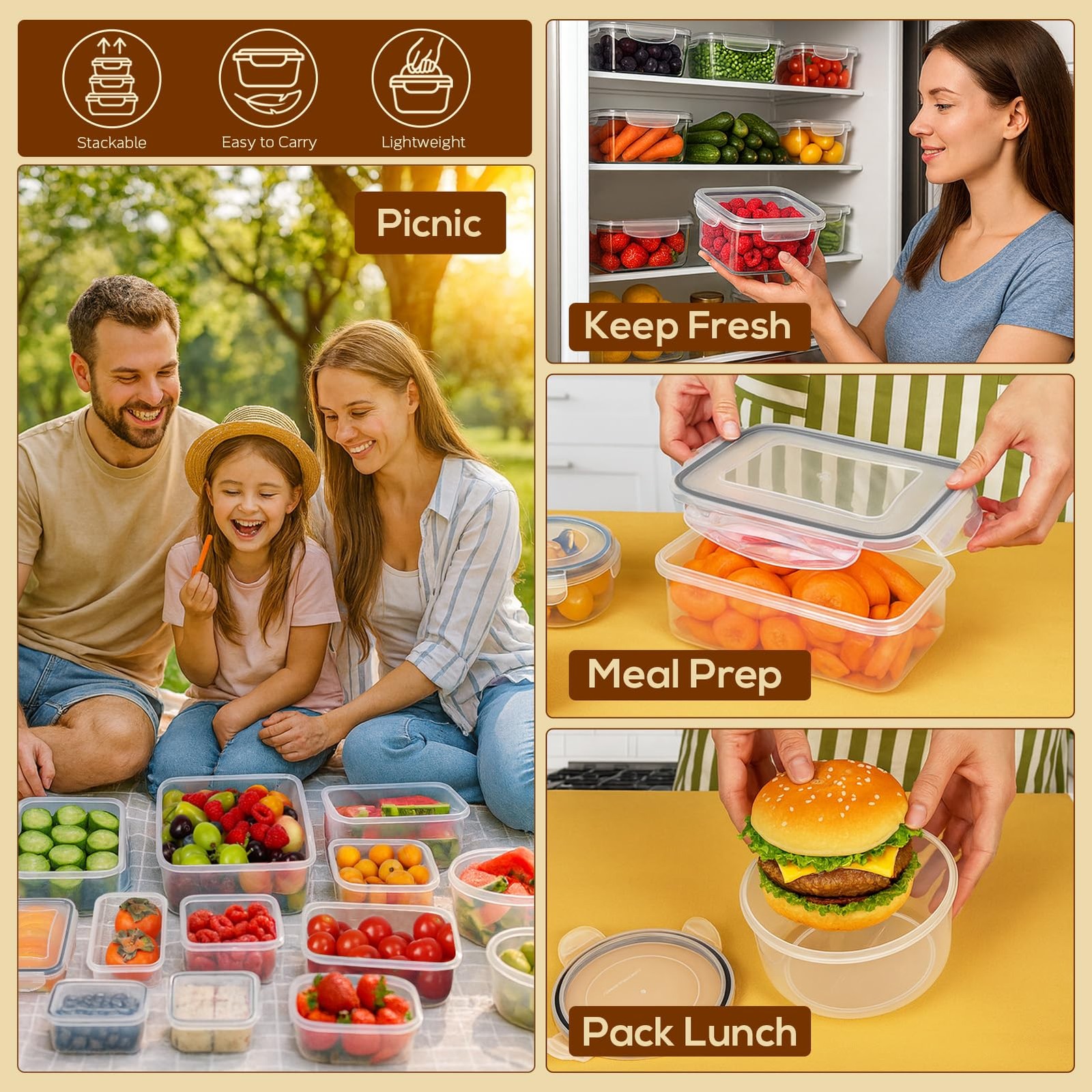 50 PCS Thicker Food Storage Containers with Lids, Clear Stackable Airtight Leakp