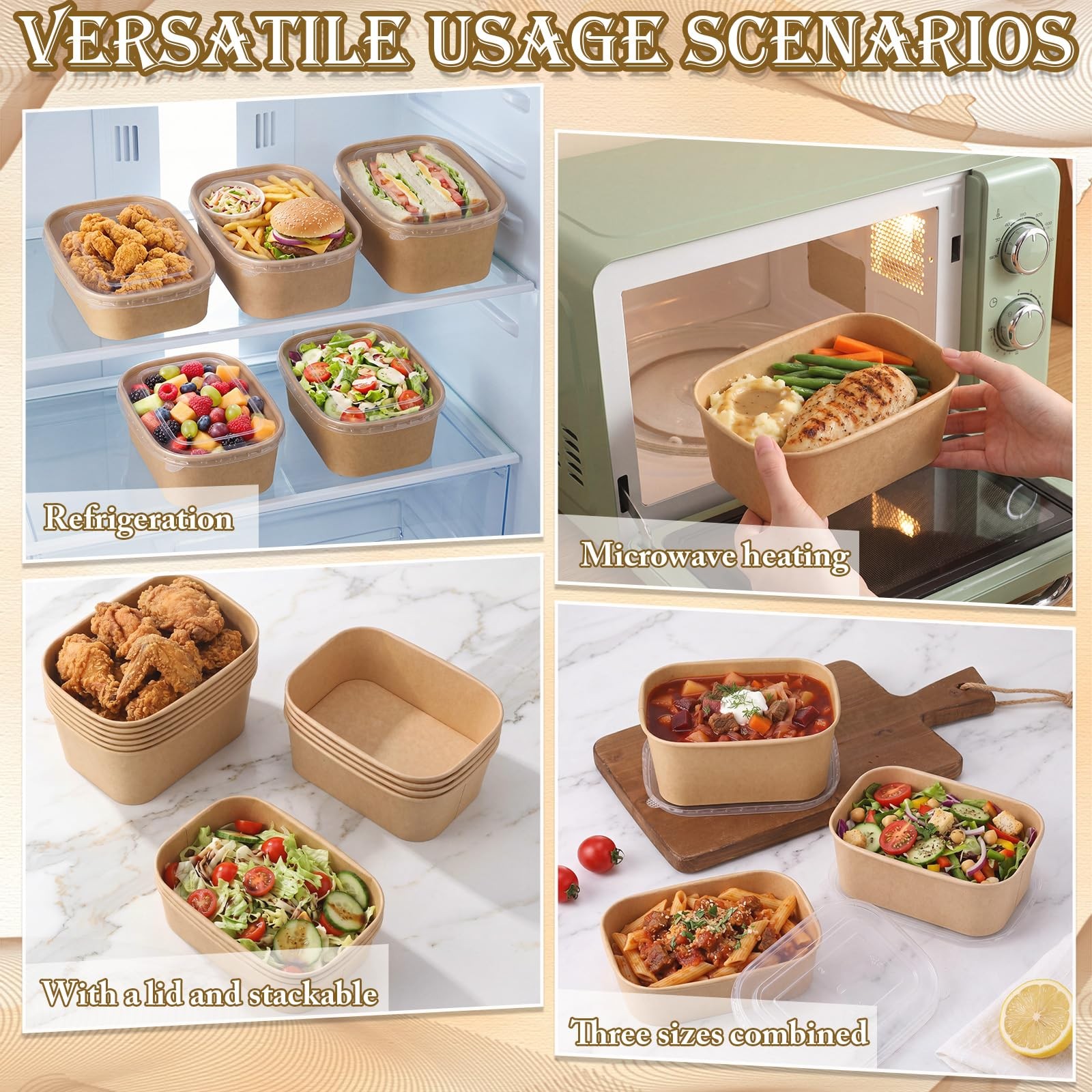 50 Set Paper Food Containers with Lids, 3 Sizes Variety Pack (17oz/29oz/34oz)…