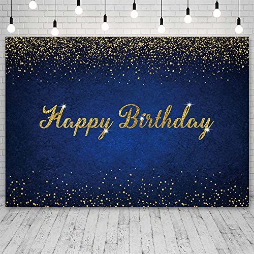 7x5ft Birthday Backdrop Happy Birthday Background Banner Gold 7X5ft Dark Blue