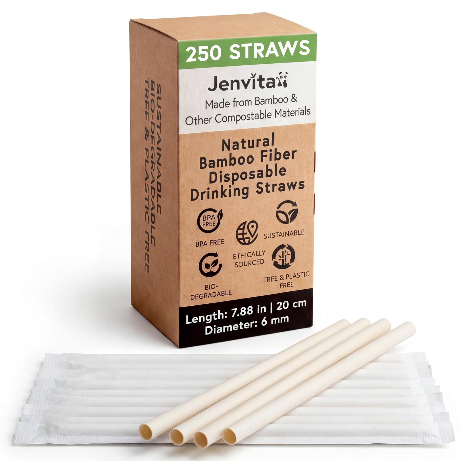 Jenvita Powder Bamboo Straws (250-Pack) – 7.88″ Disposable Straws Individuall…
