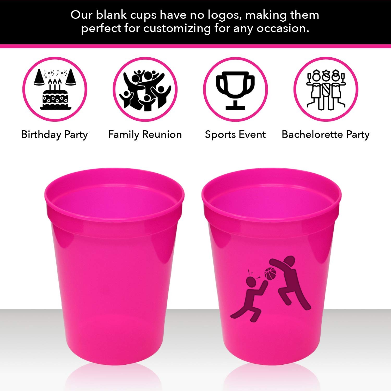 16 oz. Reusable Plastic Stadium Cups, 8 Pack, Made in USA, BPA-Free Dishwasher S