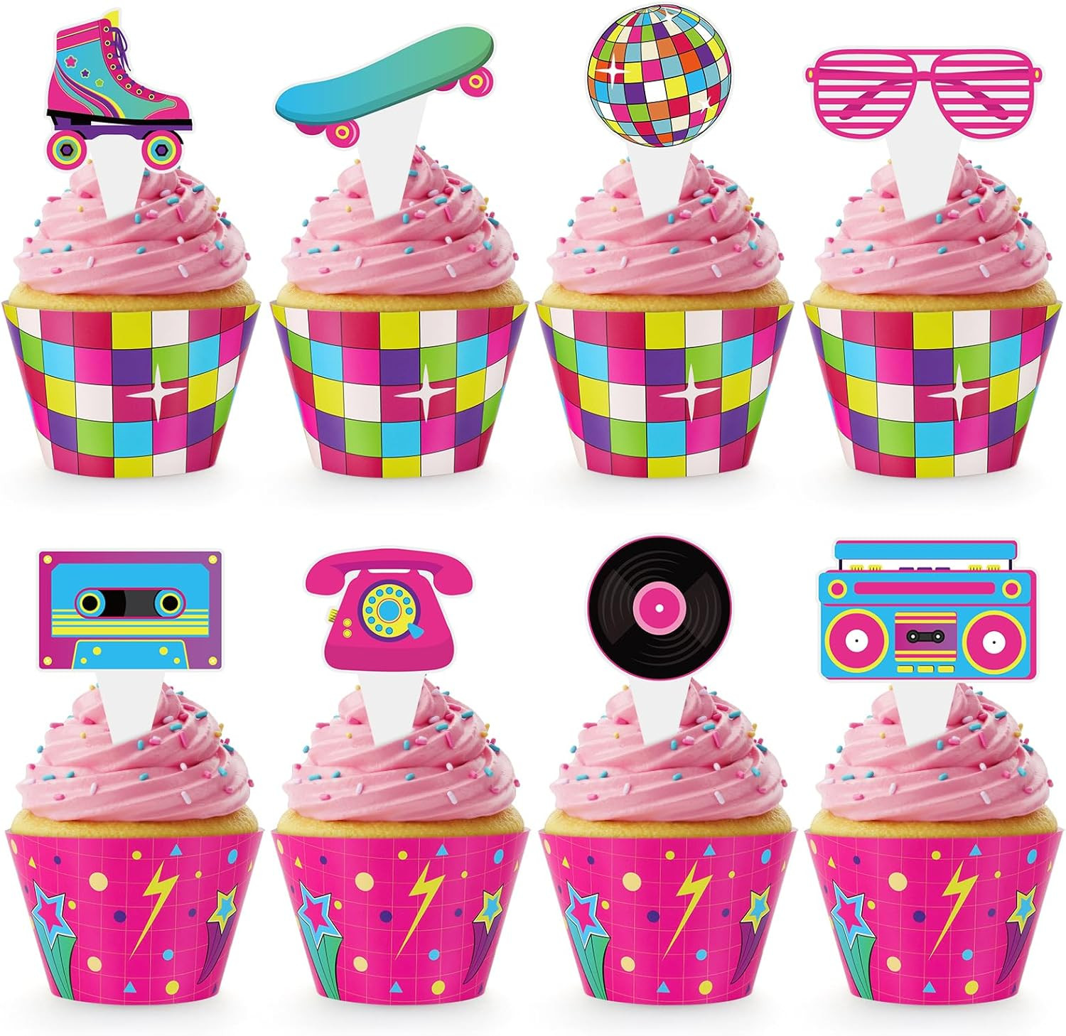48 Pack Retro Cupcake Toppers and Wrappers, Retro Neon Party Cake Decoration for