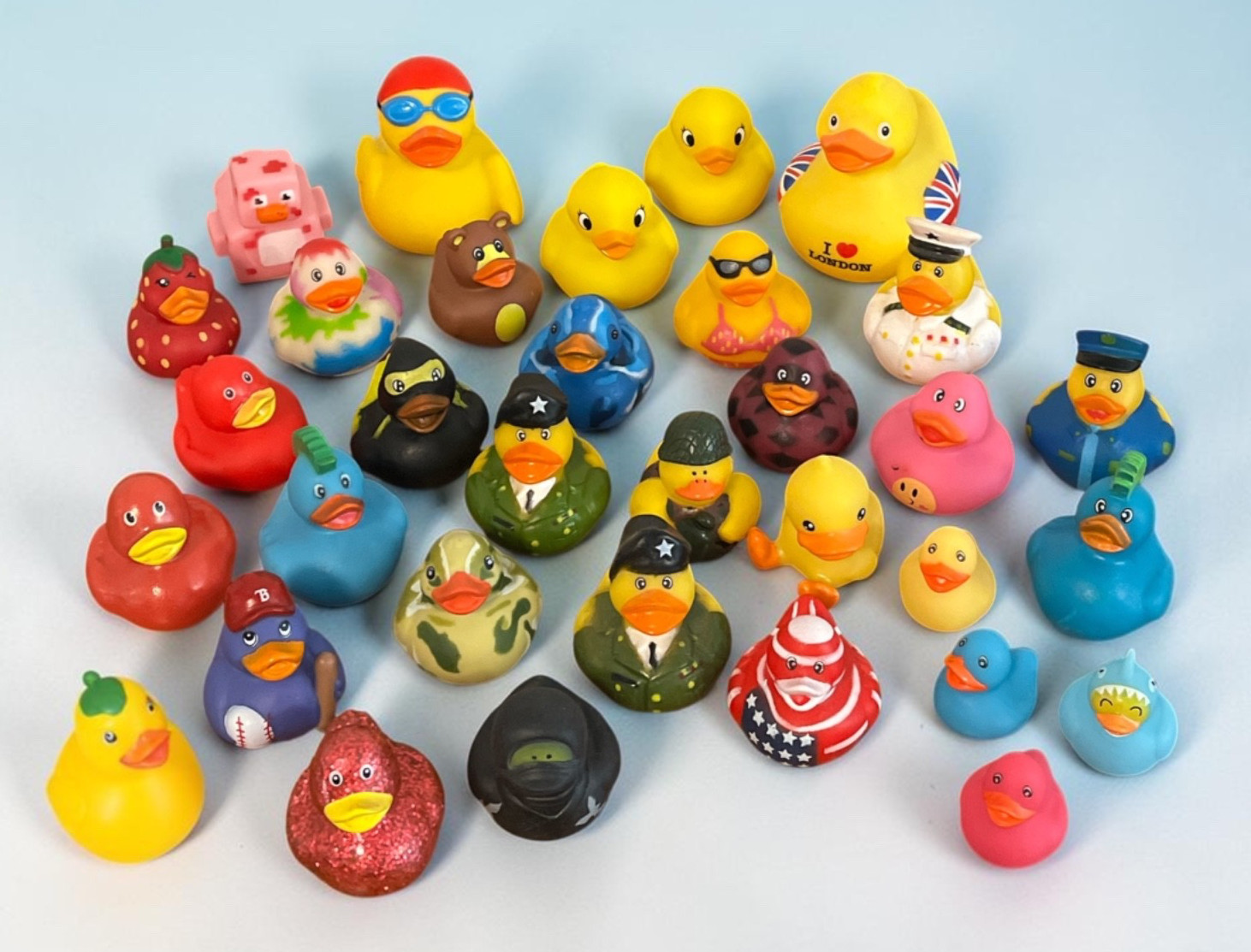 Rubber Ducks Lot of 32 Jeep Ducking Bath Ninja Military Bikini Minecraft Duckies