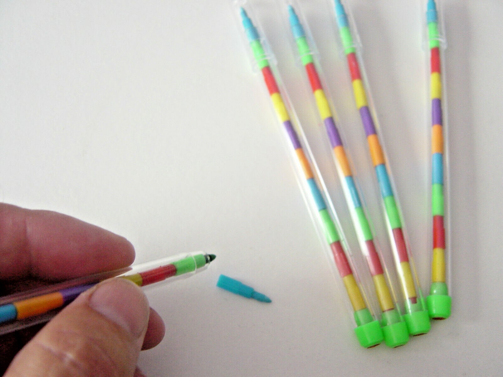 Pencil Crayon Stacker, swap point swop 15cm high, multi colours funky, party bag