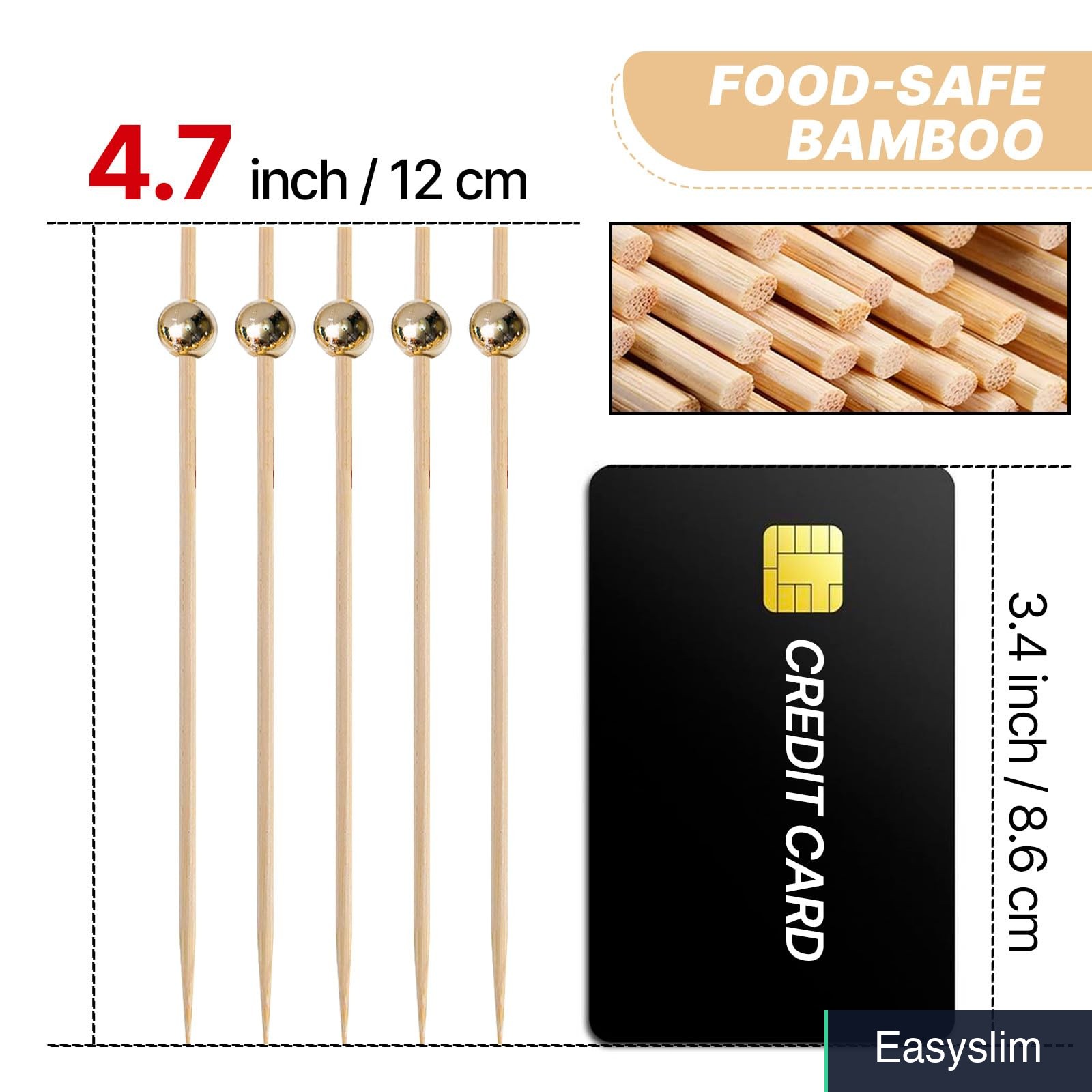 Gold Pearl Bamboo Cocktail Picks 4.7 Inch 100 Pack Party Appetizer Toothpicks