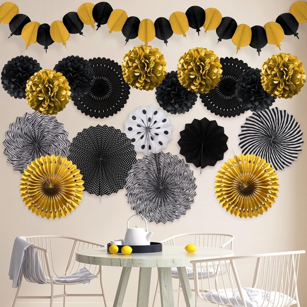 Black and Gold Decorations, Paper Pompoms Fan for Graduation Birthday Wedding