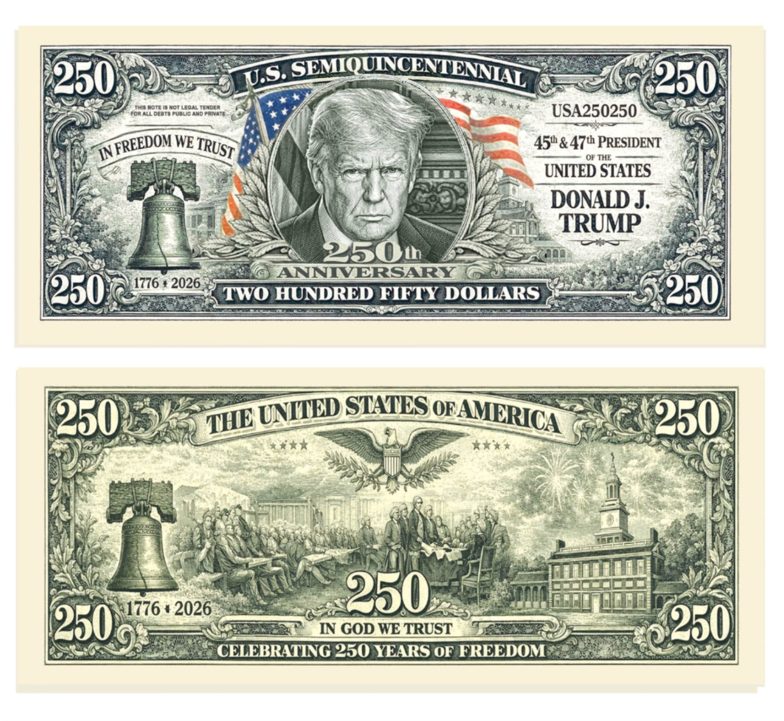 100 Donald Trump U.S. 250th Anniversary Commemorative Money Bill Banknotes