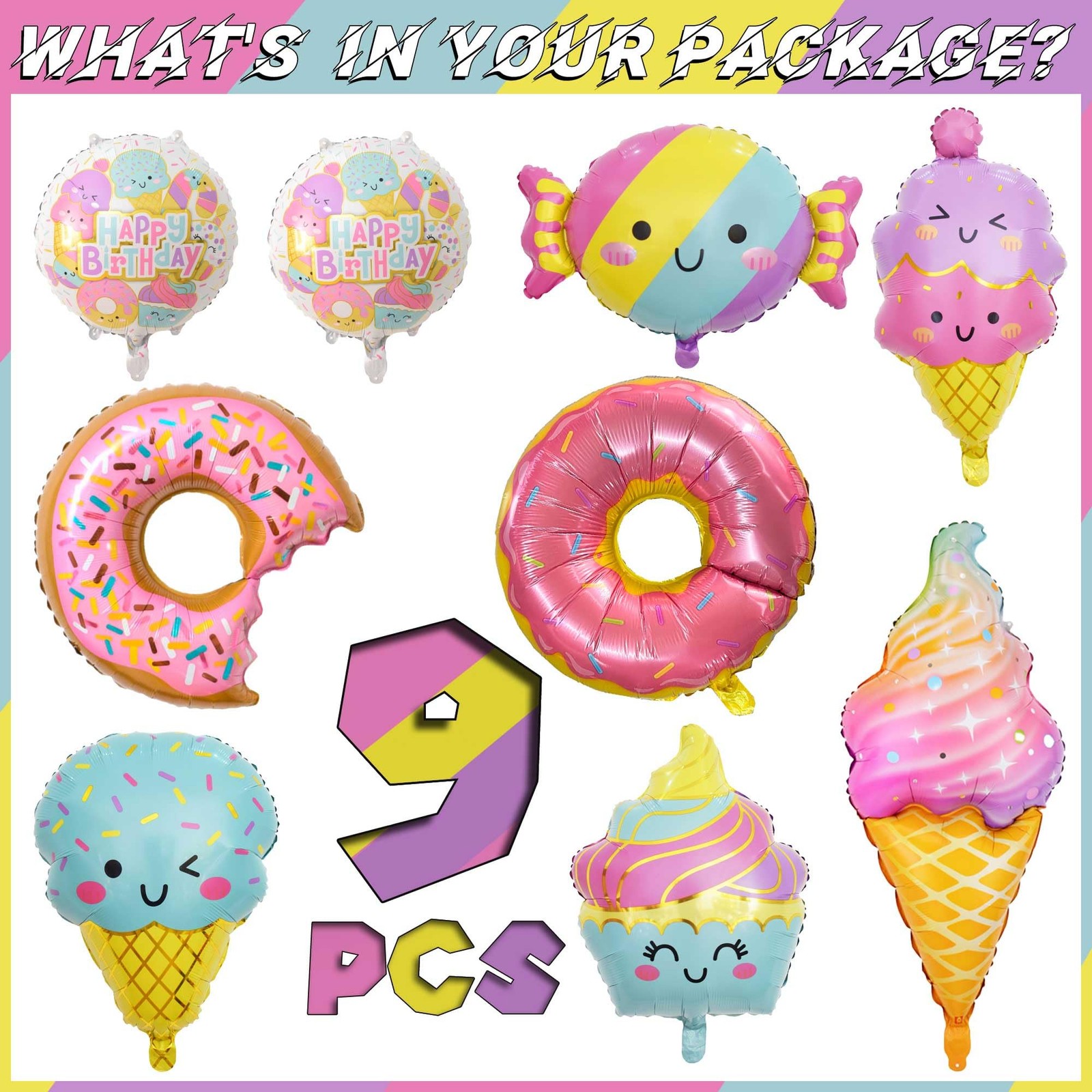 NGJGTR 9 PCS Donut Ice Cream Foil Balloons, Doughnut Mylar Foil Balloons Ice