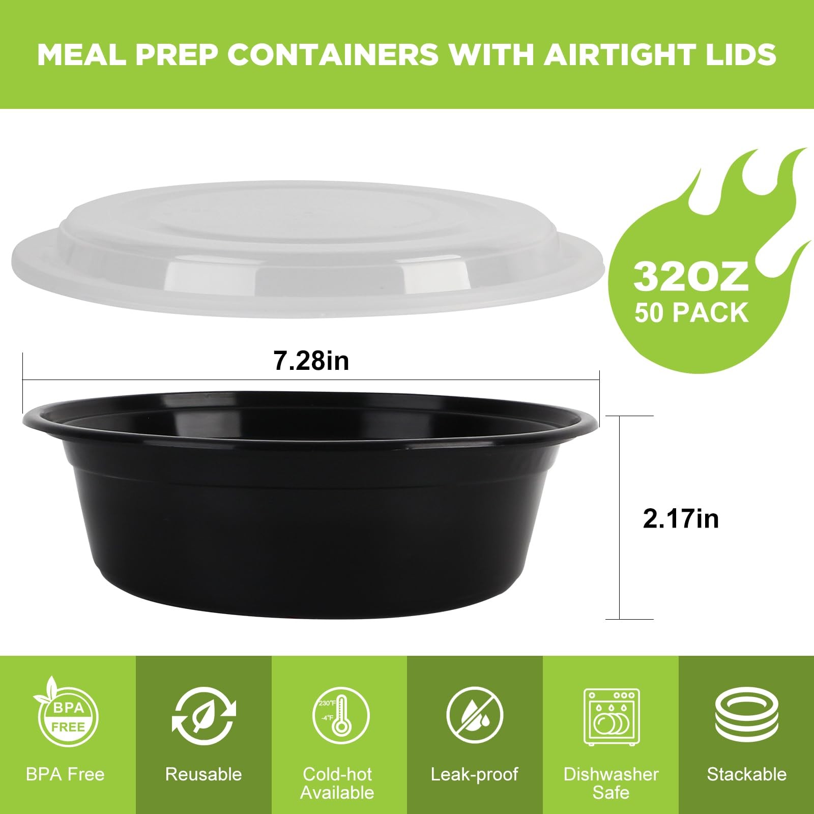 WGCC Meal Prep Containers with Lids – 50Pack 32OZ Meal Bowls, Round To Go Contai