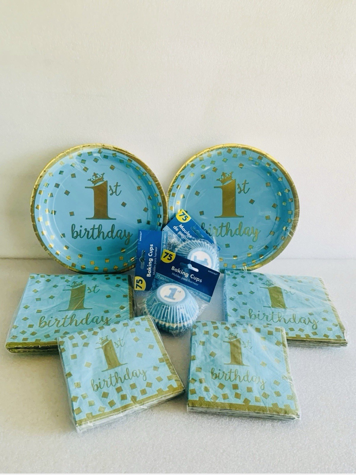 Boy First 1st Birthday Party Blue Teal Gold King Paper Plates and Napkins Lot