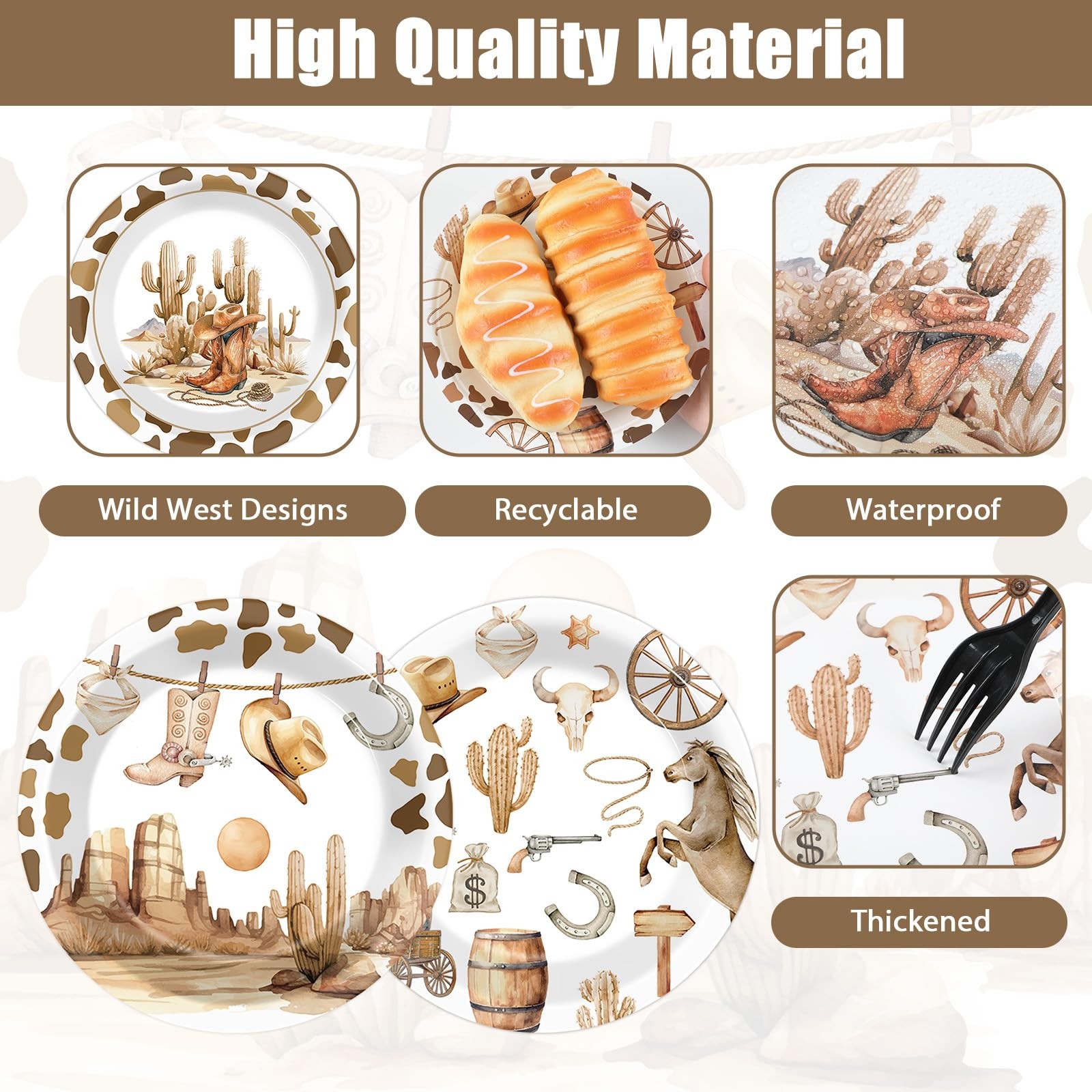 48 Pcs Western Cowboy Plates for Western Party Supplies 7inch Wild West Dispo…