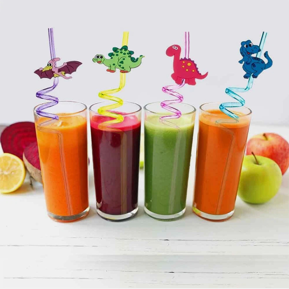 24 Straws +6 Tattoos Reusable Dinosaur Straws–Dinosaur Birthday Party Supplies