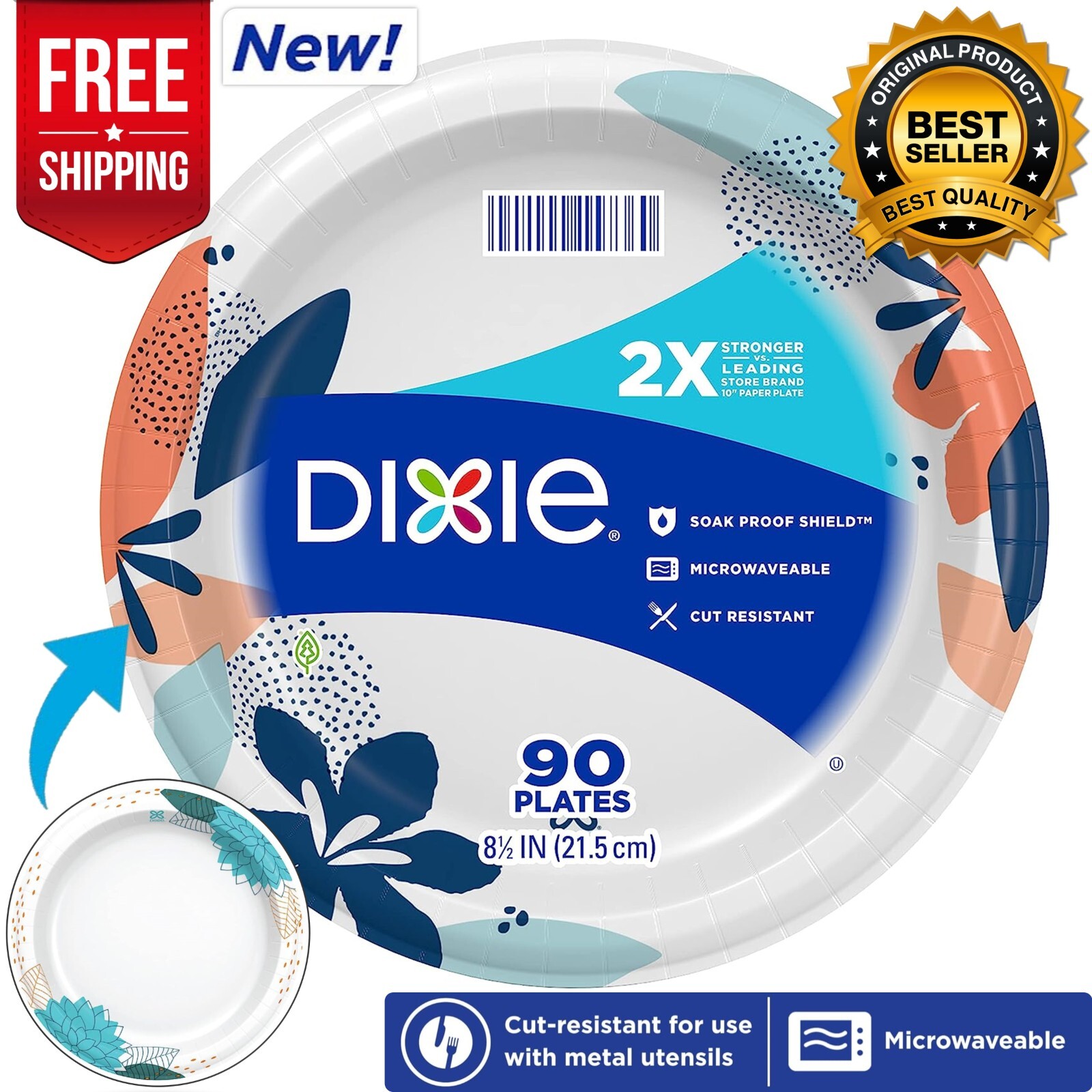 Dixie Paper Plates, Dinner Size Printed Disposable Plate 90 Count, (8 1/2 inch)