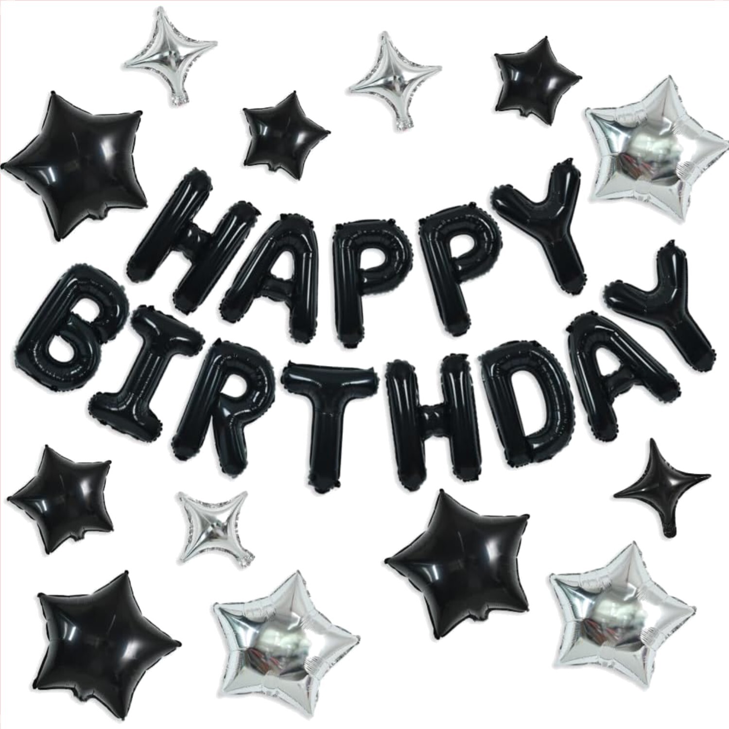 Complete Black Happy Birthday Balloon Set with 16 Inch Letter & Star Balloons