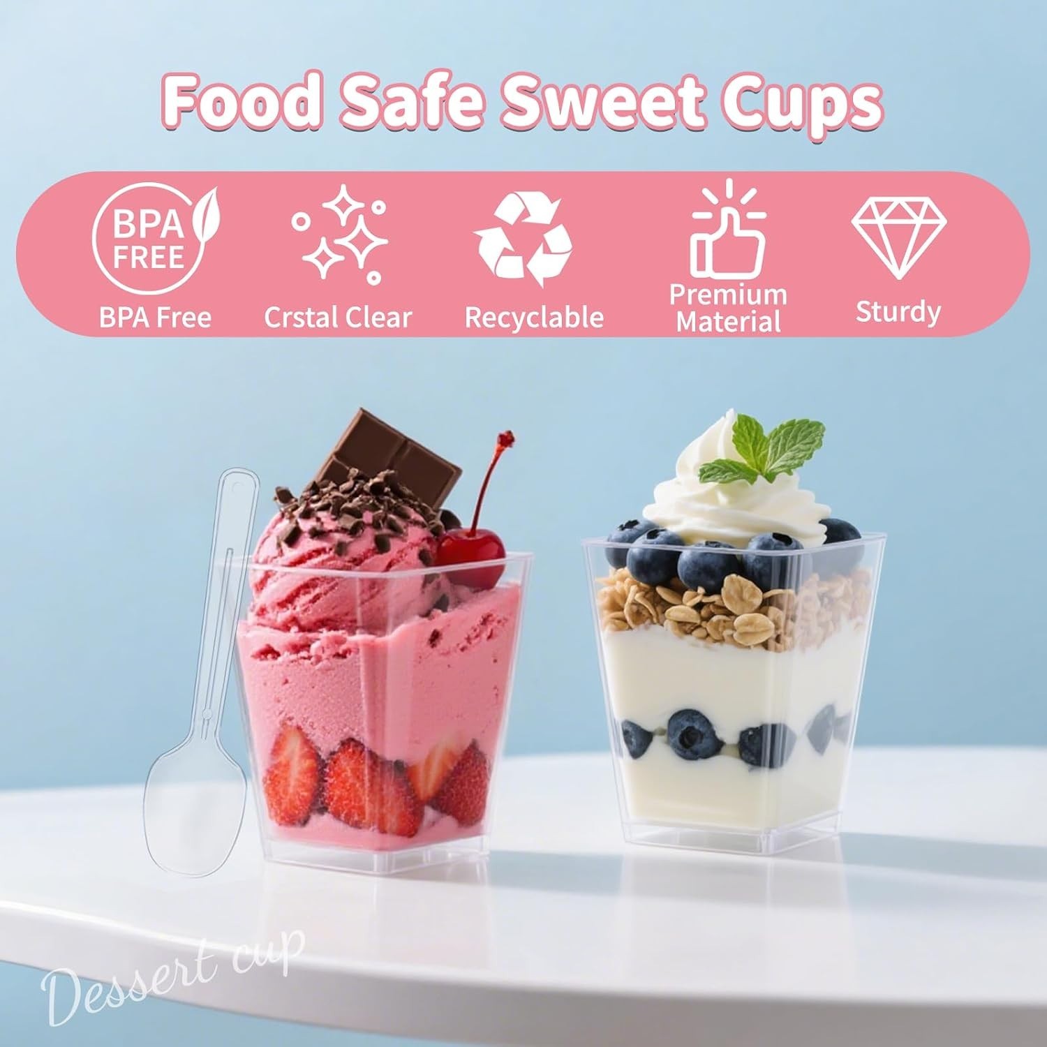 20 Count 5 oz Clear Plastic Dessert Cups with Lids & Spoons for Elegant Parties