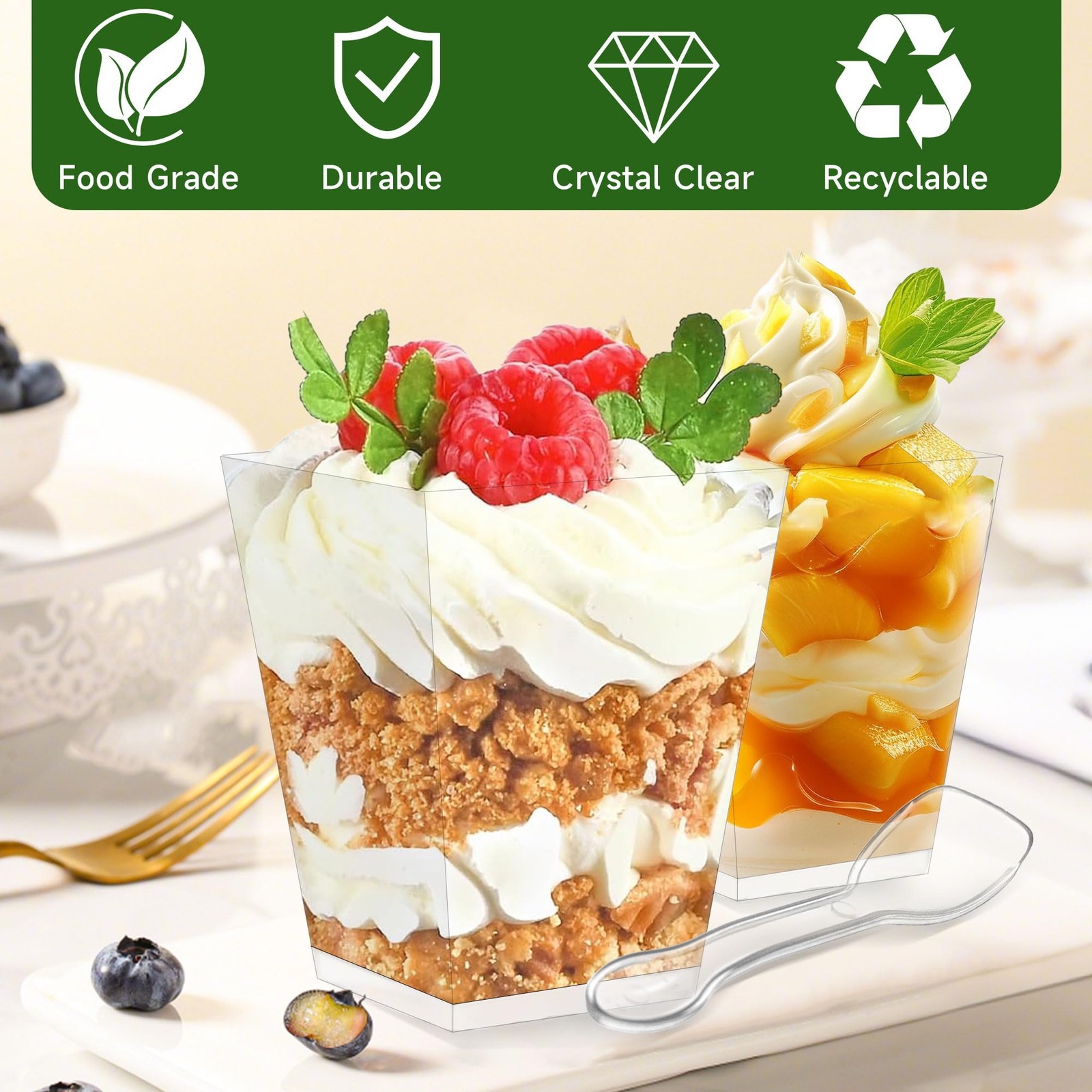 300 PCS 5.4 oz Clear Square Mini Dessert Cups Lids Spoons Small Plastic Bowl