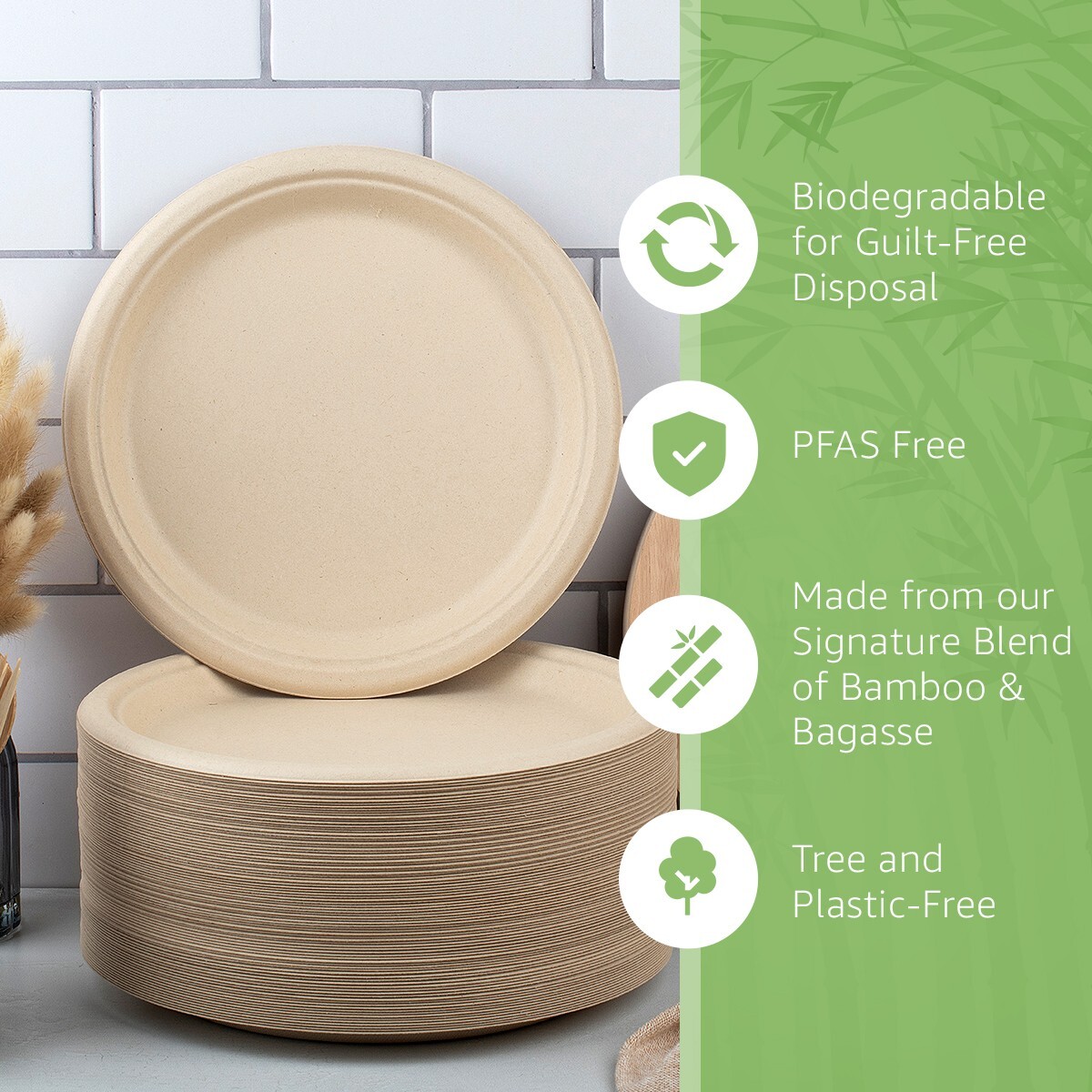 Ibambo Bamboo Disposable Paper Plates – 10 Inch, 500 Pack, Compostable Plates